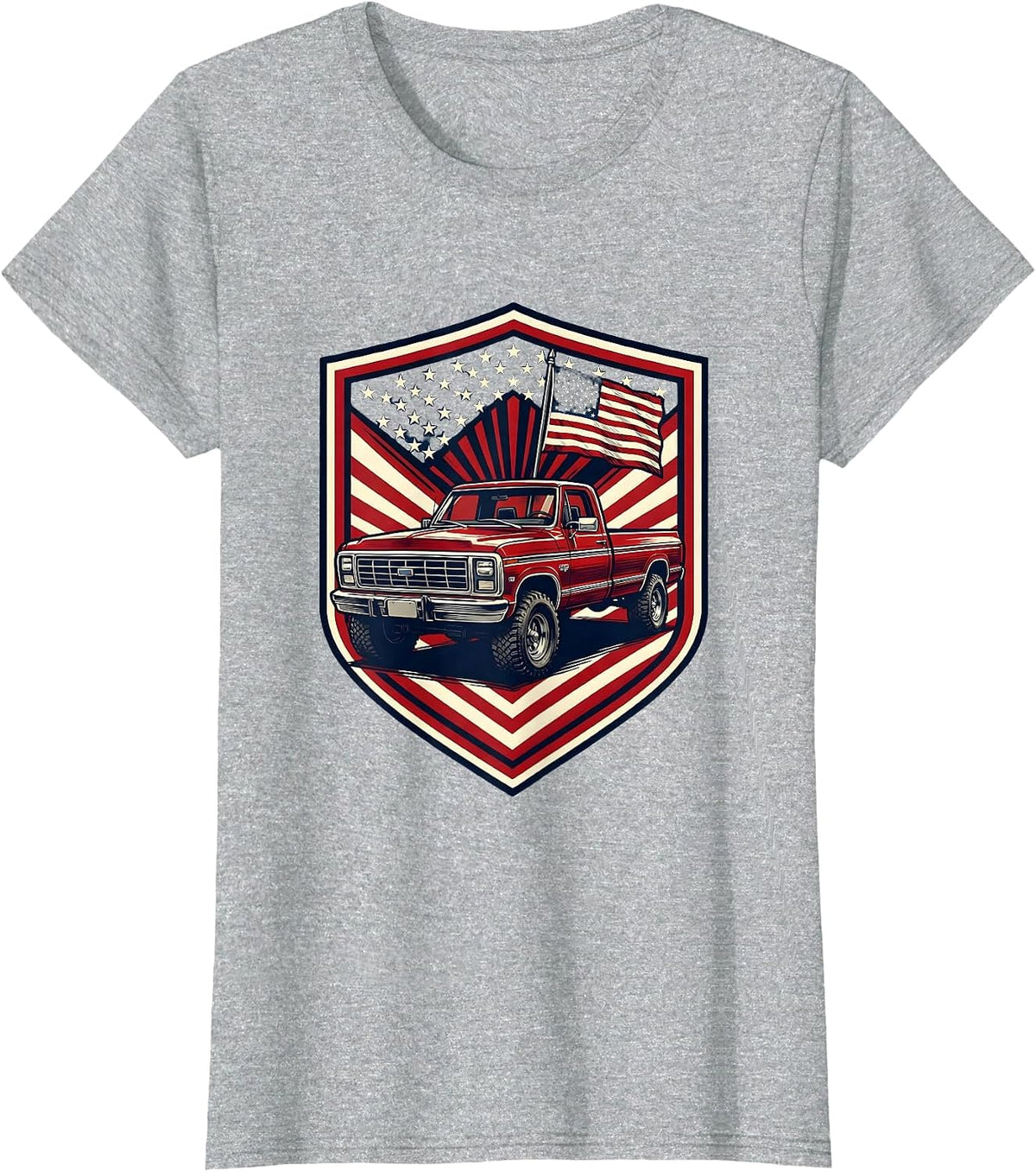Patriotic Old Pickup Truck with Flag Graphic T-Shirt - Heather Grey