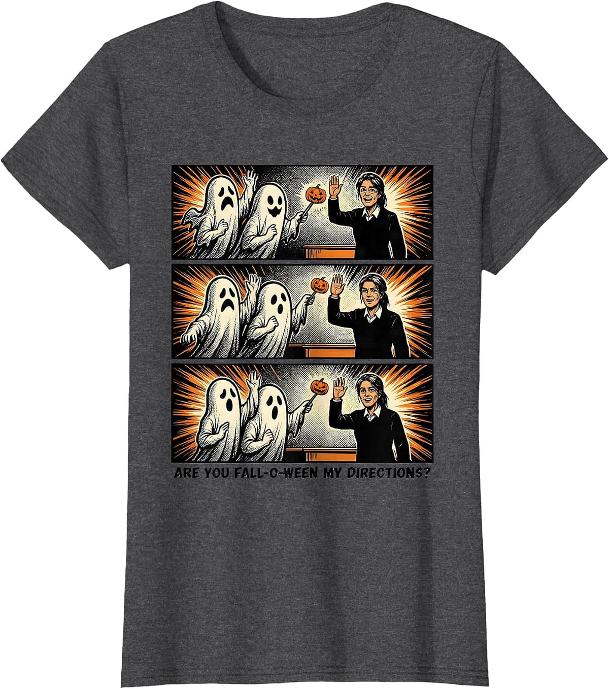 Women's Are You Fall-O-Ween My Directions Comic Book Teacher Ghost T-Shirt - Dark Heather Grey