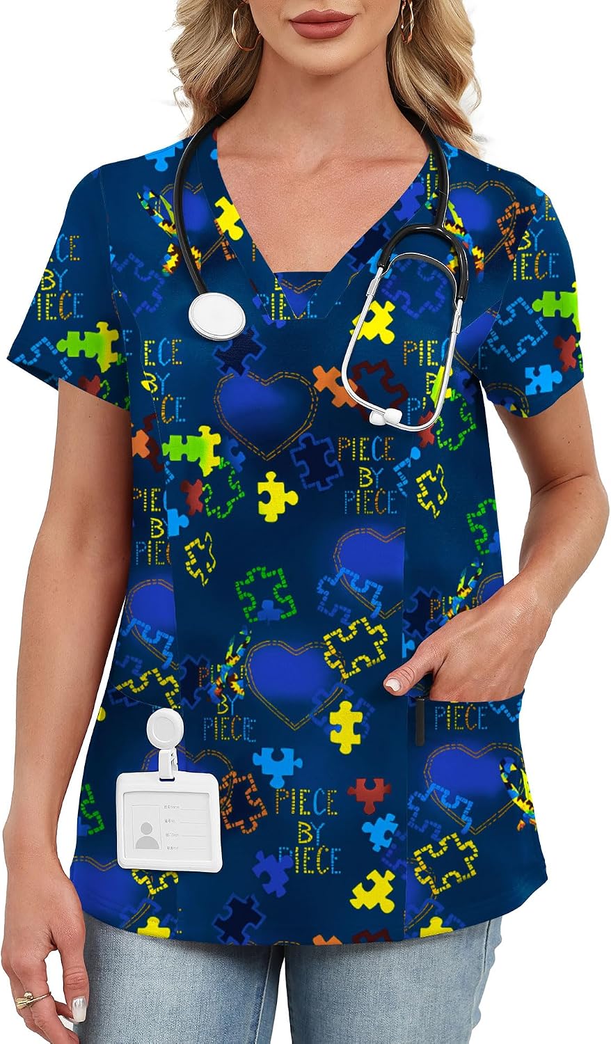 AKEWEI Scrubs for Women V Neck Scrub Tops Stretchy Nursing Uniforms Holiday Medical Shirts with 2 Pockets - Blue Puzzle Print