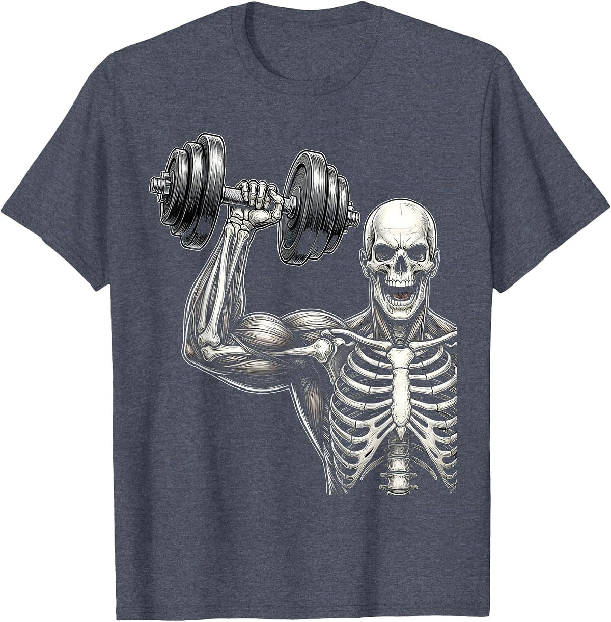 Skeleton Flexing Bicep Curl Gym Graphic T-Shirt - Heather Blue
