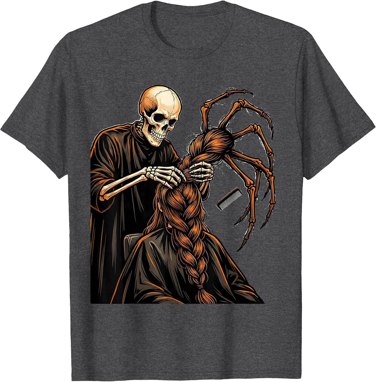 Skeleton Hairstylist Braiding Halloween Barber Humor T-Shirt - Dark Heather Grey