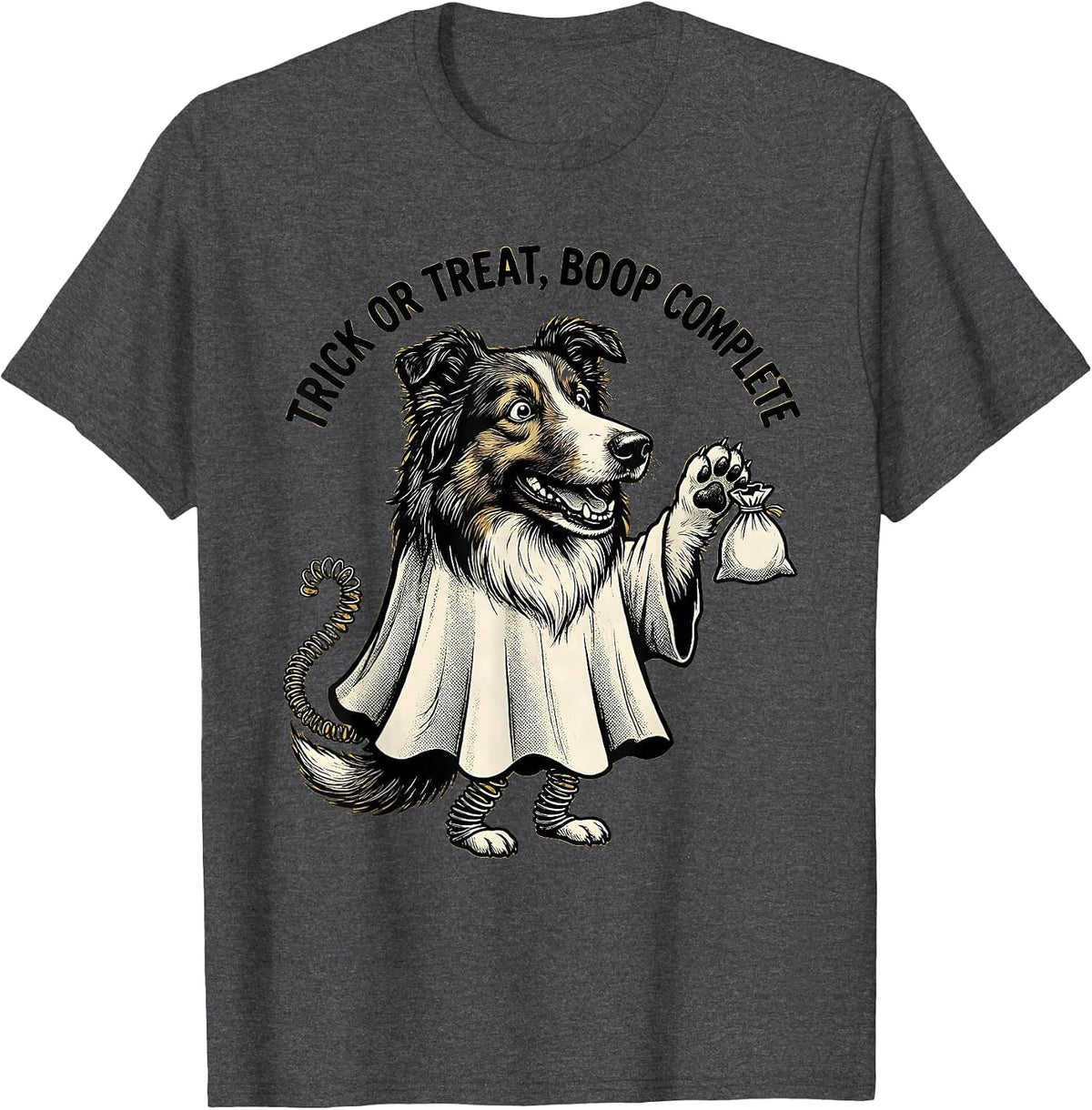 Men's Trick Or Treat Boop Complete Retro Cartoon Ghost Dog T-Shirt - Dark Heather Grey