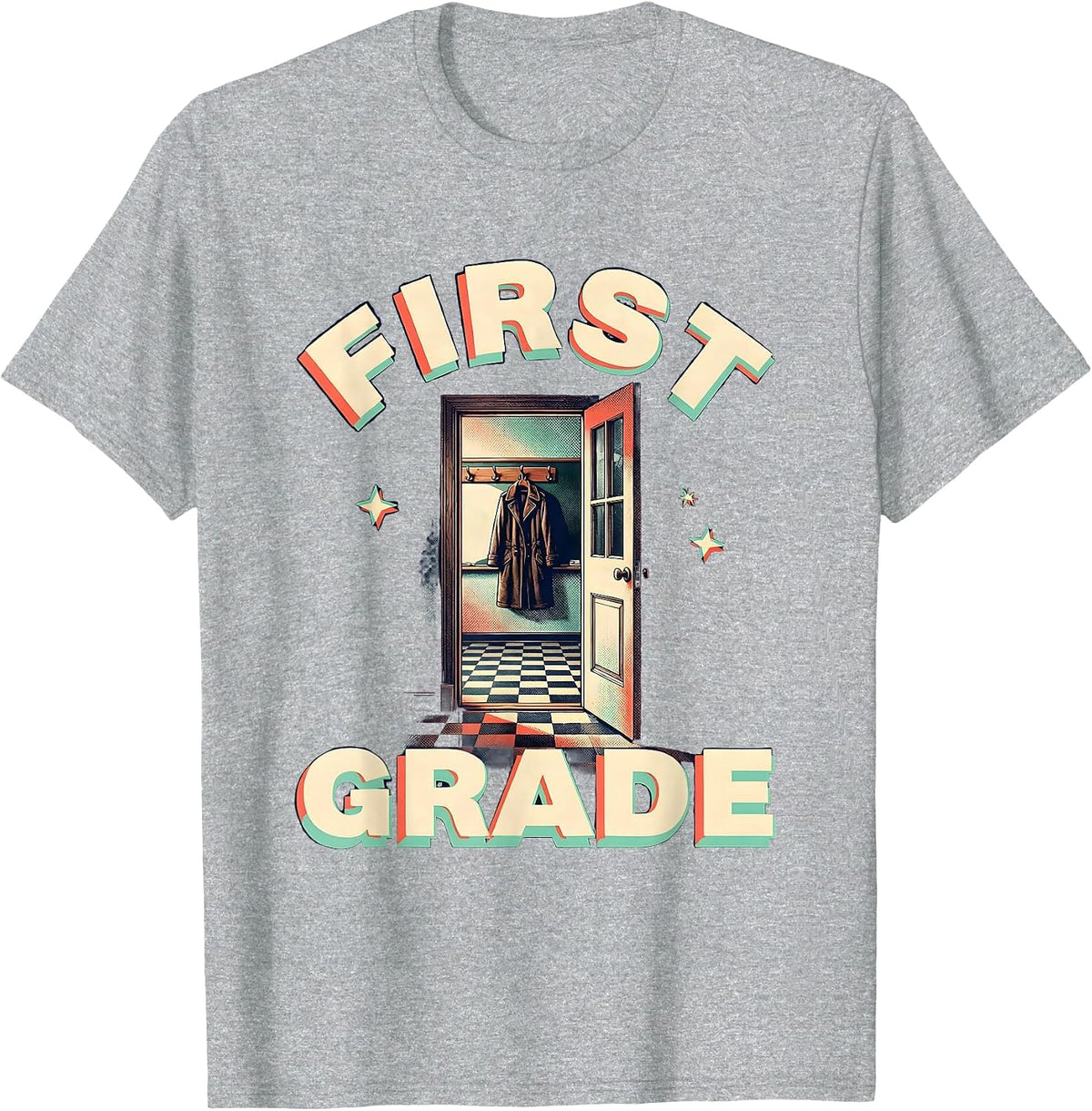 Men's First Grade Retro Checkered Girl Teacher Back To School T-Shirt - Heather Grey
