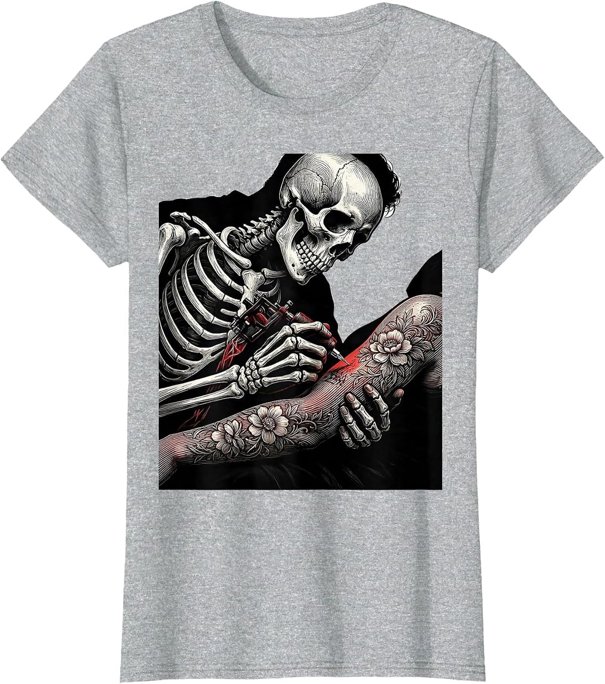 Skeleton Tattoo Artist Inking Client Illustration T-Shirt - Heather Grey