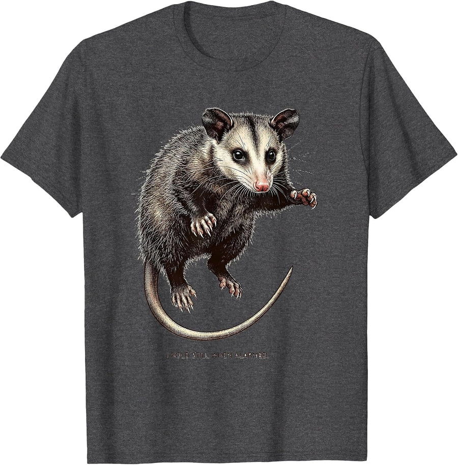 Men's I Hold Still When Alarmed Funny Opossum Deadpan Humor T-Shirt - Dark Heather Grey