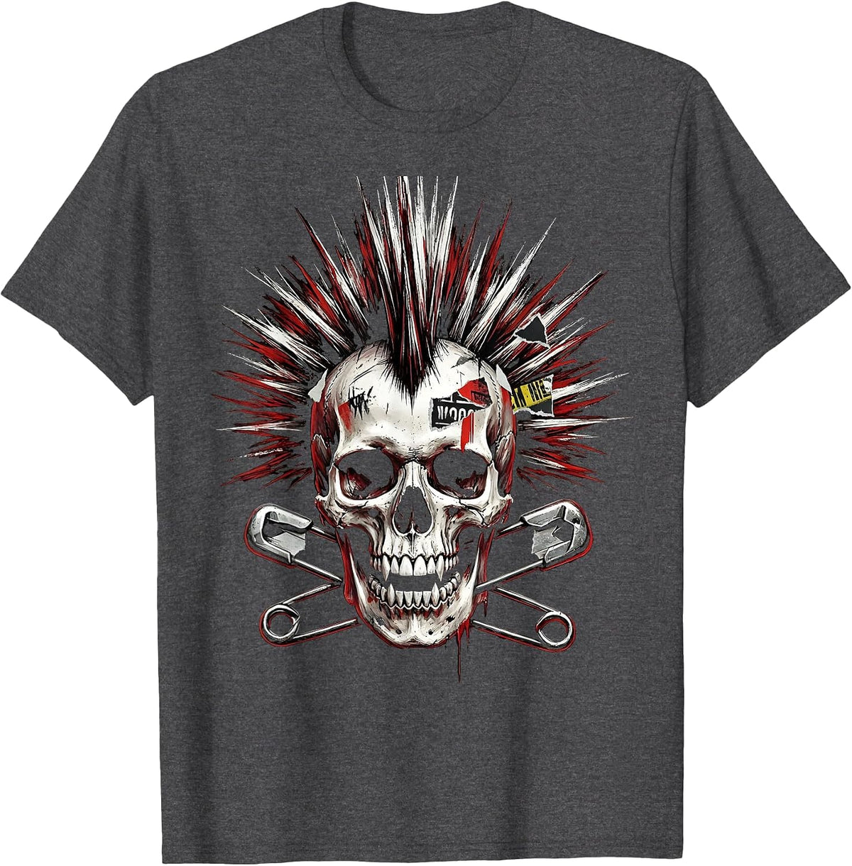 Mohawk Skull Crossed Safety Pins Punk Rock Design T-Shirt - Dark Heather Grey