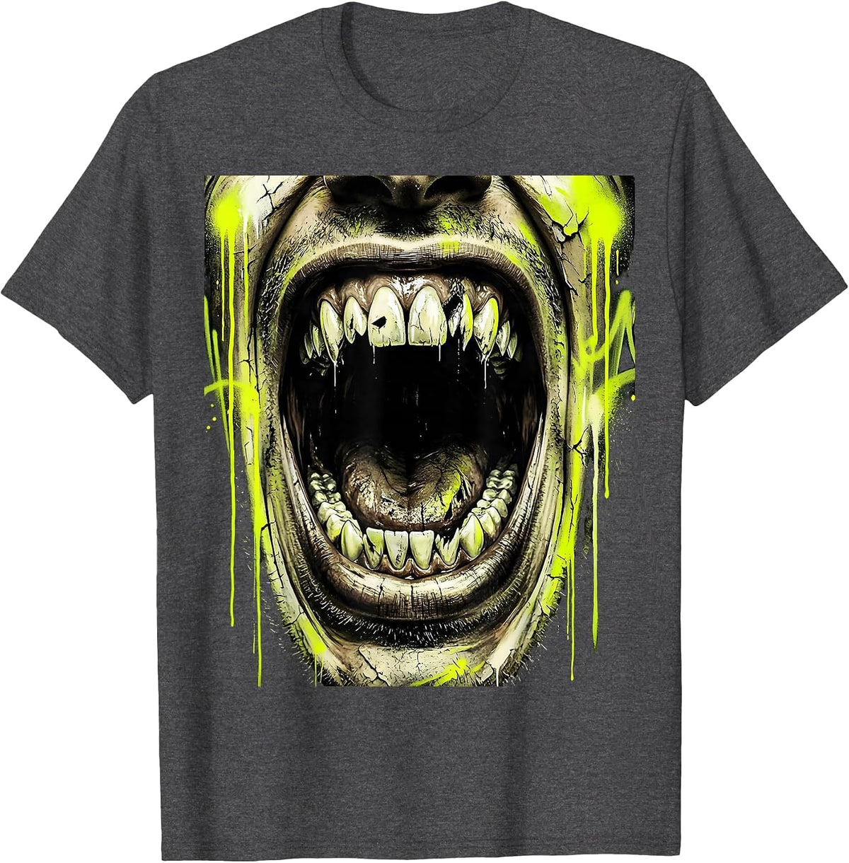 Men's Grunge Screaming Mouth Rotted Teeth Illustration T-Shirt - Dark Heather Grey