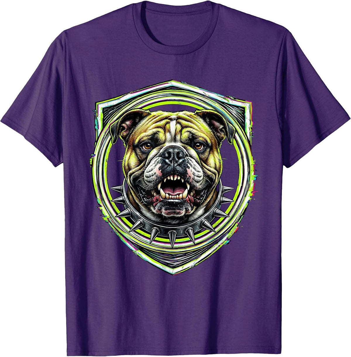 Punk Rock Snarling Bulldog Spiked Collar Graphic T-Shirt - Purple