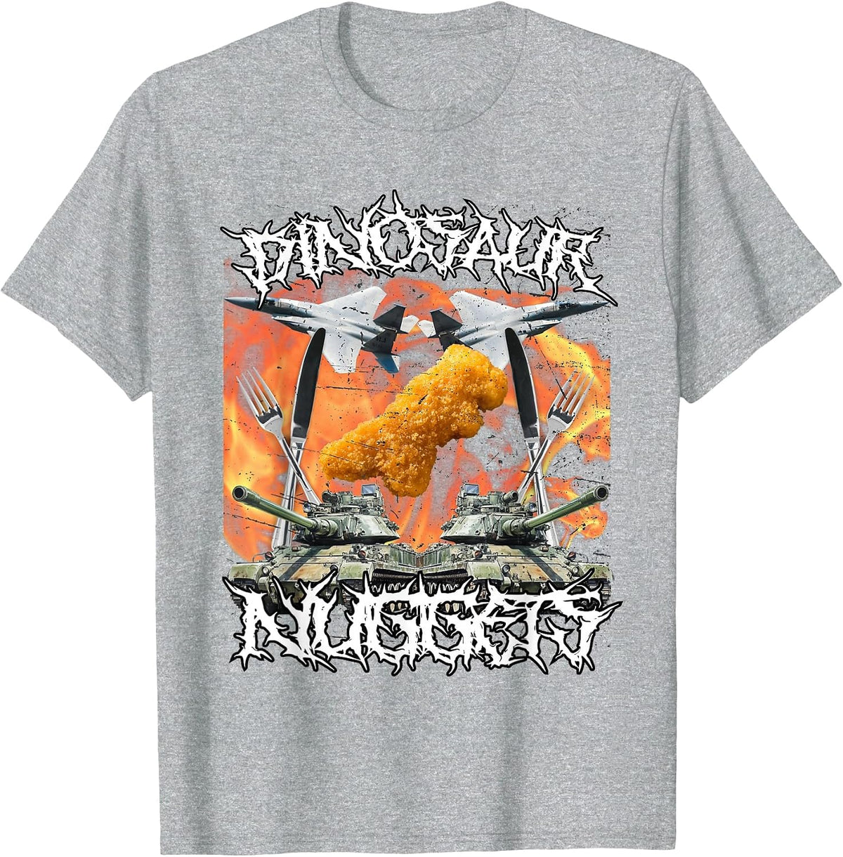 Funny Dinosaur Chicken Nugget Bootleg Hardcore Flames Meme T-Shirt - Heather Grey