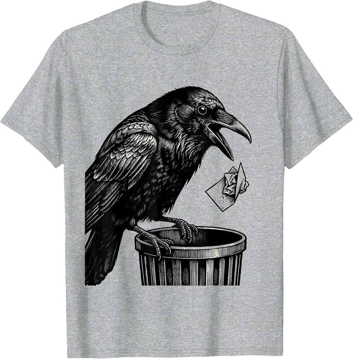 Men's Crow Dropping Pun Scratchboard Gothic Dark Humor T-Shirt - Heather Grey