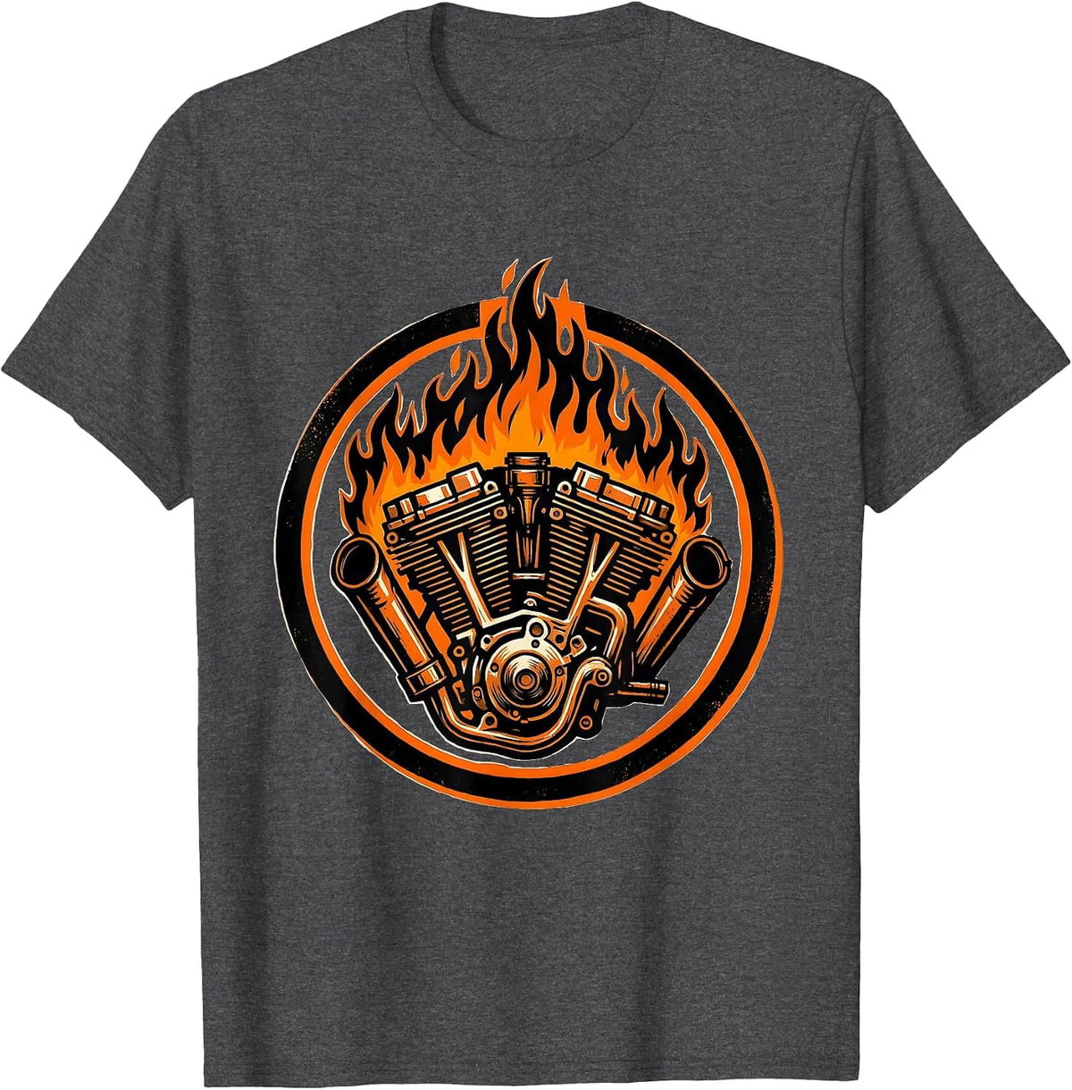Men's Dirt Bike Engine Flames Graphic Tee T-Shirt - Dark Heather Grey