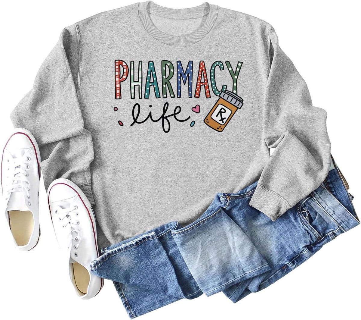 HONTOUTE Womens Pharmacy Life Graphic Sweatshirt Pharmacist Appreciation Gift Long Sleeve Fall O-Neck Pullovers Tops - Grey