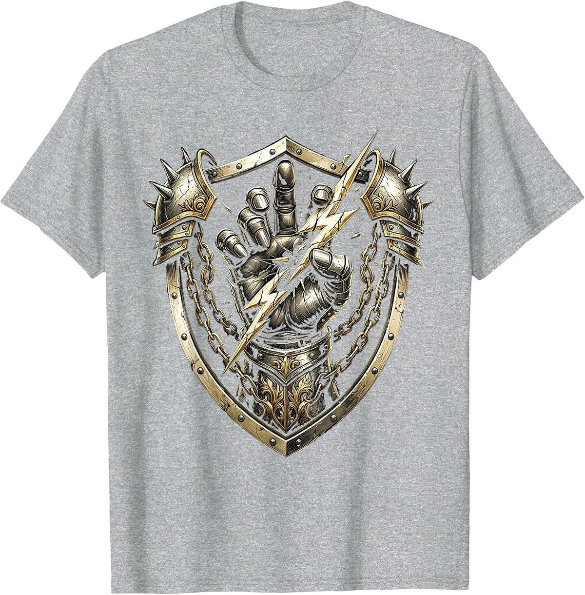 Men's Gauntlet Power Metal Fist Crushing Lightning Bolt T-Shirt - Heather Grey