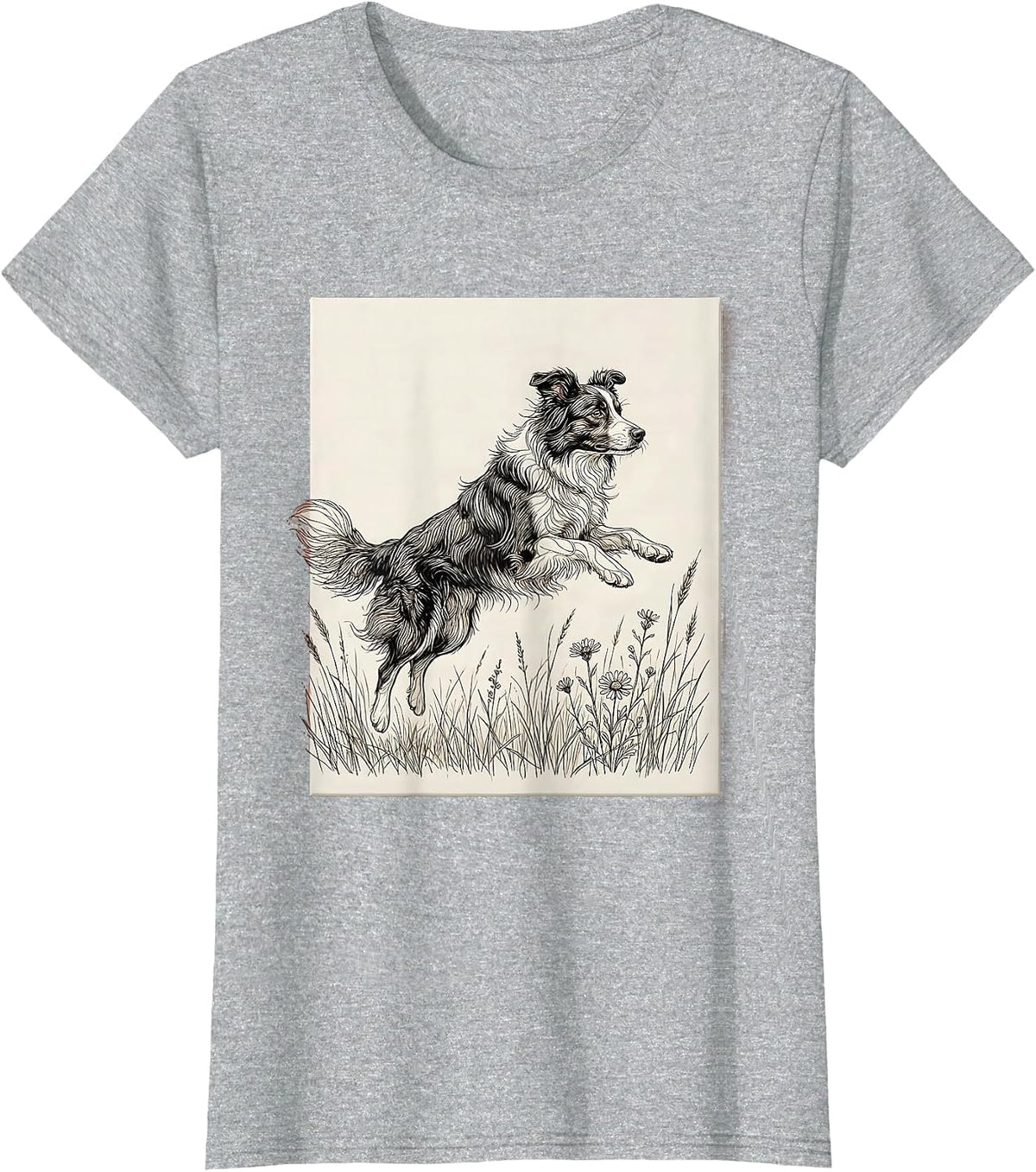 Border Collie Leaping Through Meadow Grass T-Shirt - Heather Grey