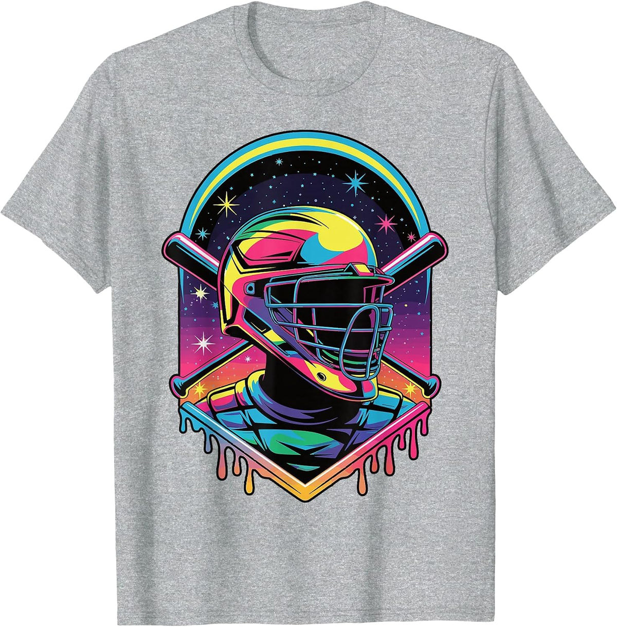 Dripping Baseball Catcher Mask Baseball Vaporwave Bat T-Shirt - Heather Grey