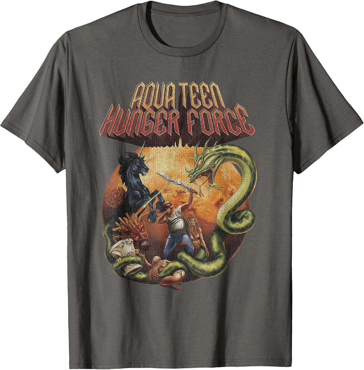 ATHF Vintage Heavy Metal Fantasy Scene with Cast Cartoon T-Shirt - Asphalt Grey