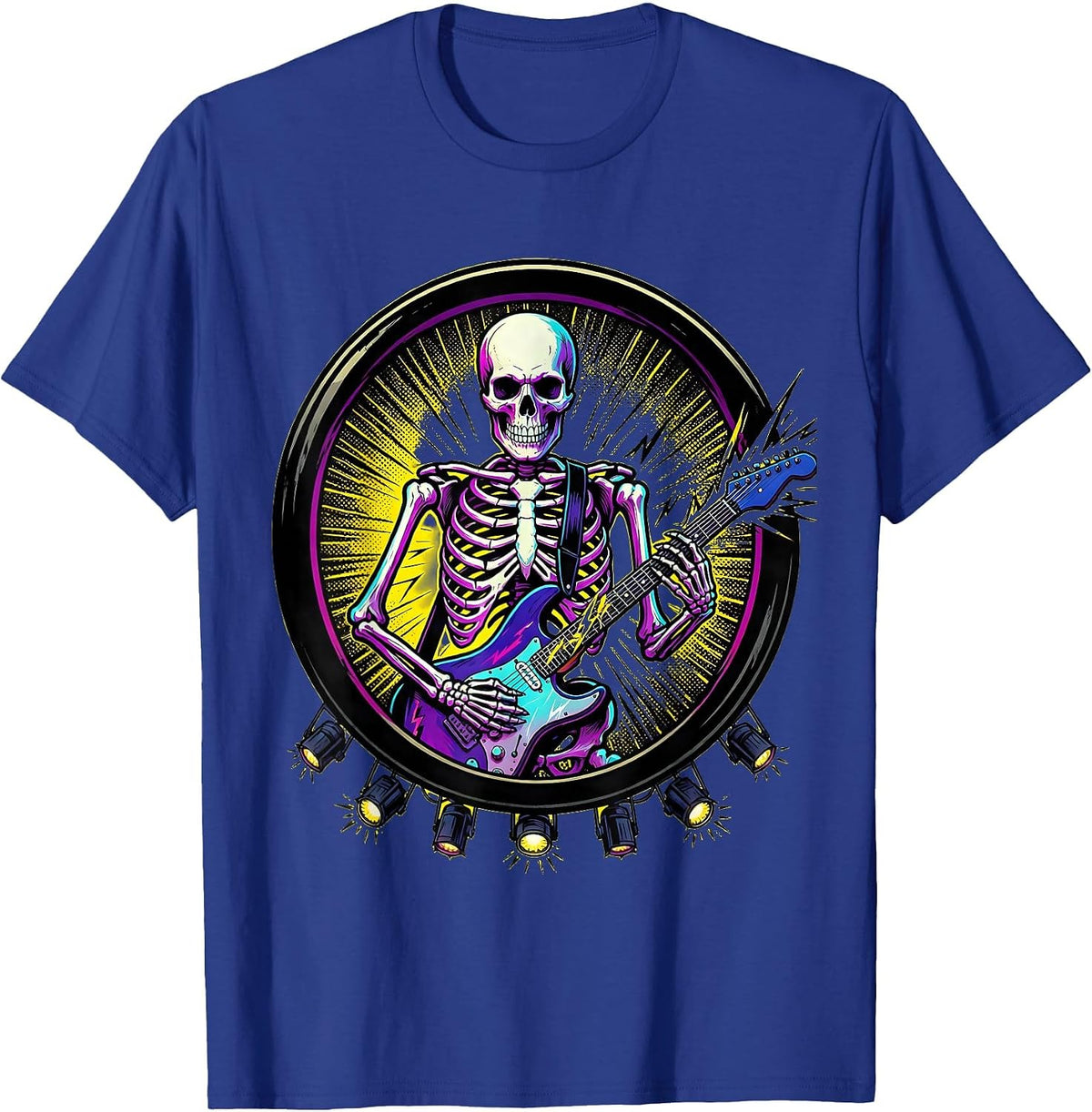Skeleton Guitarist Rock Stage 80s Band Graphic T-Shirt - Royal Blue