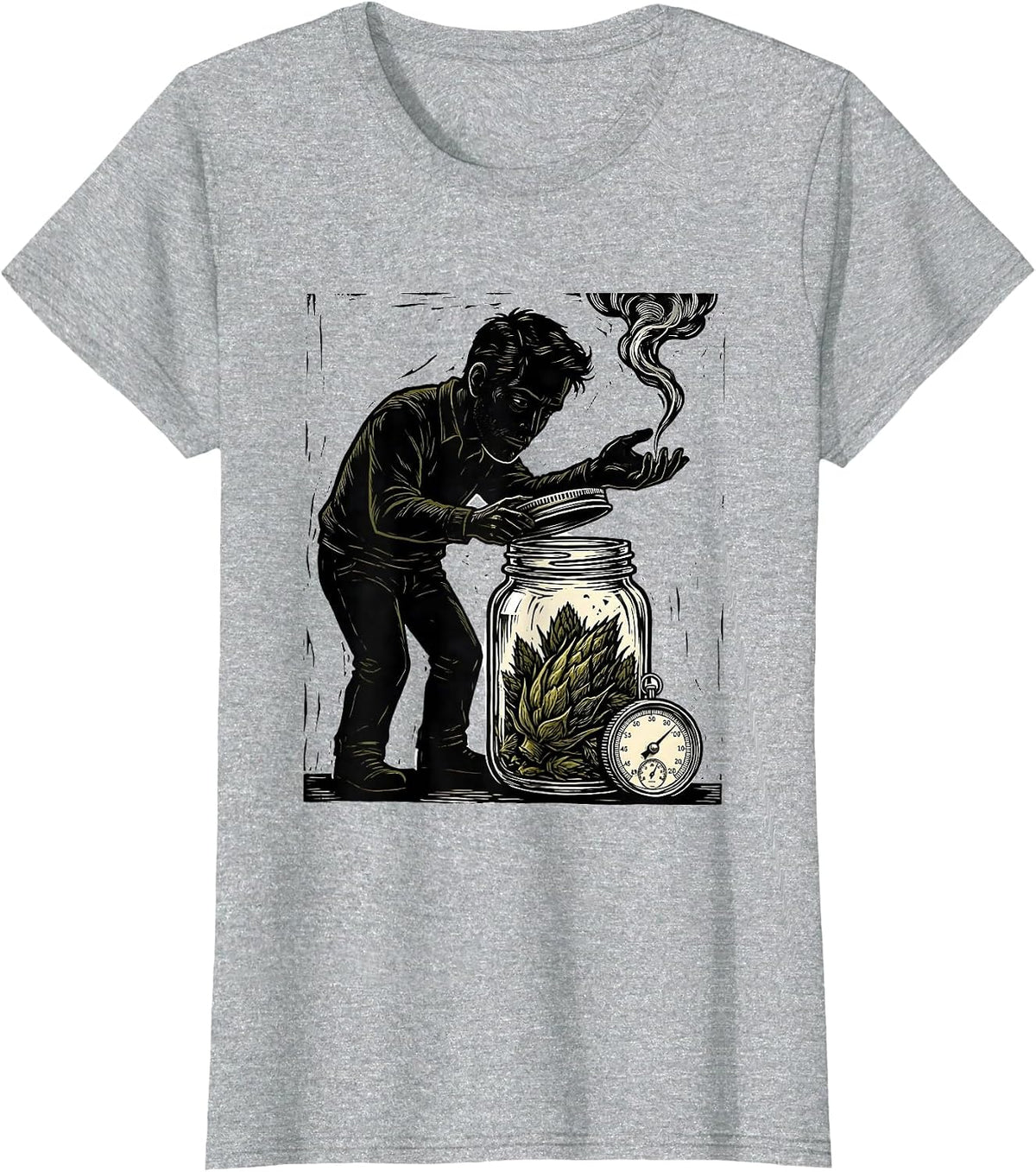 Women's Curing Jar Bud Linocut Stoner Cannabis Humor Novelty T-Shirt - Heather Grey