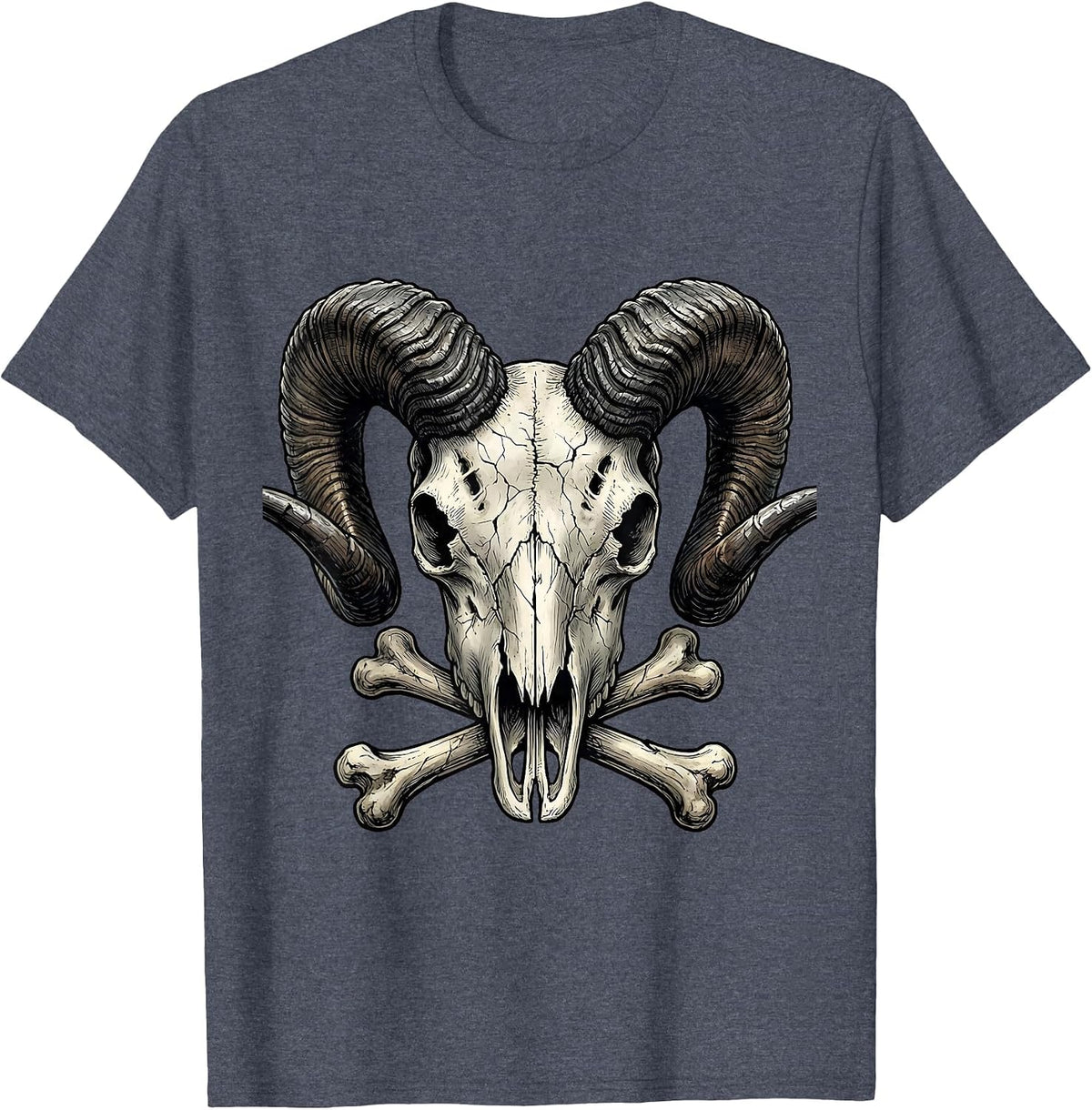 Horned Ram Skull Iron Horns Metal Graphic T-Shirt - Heather Blue
