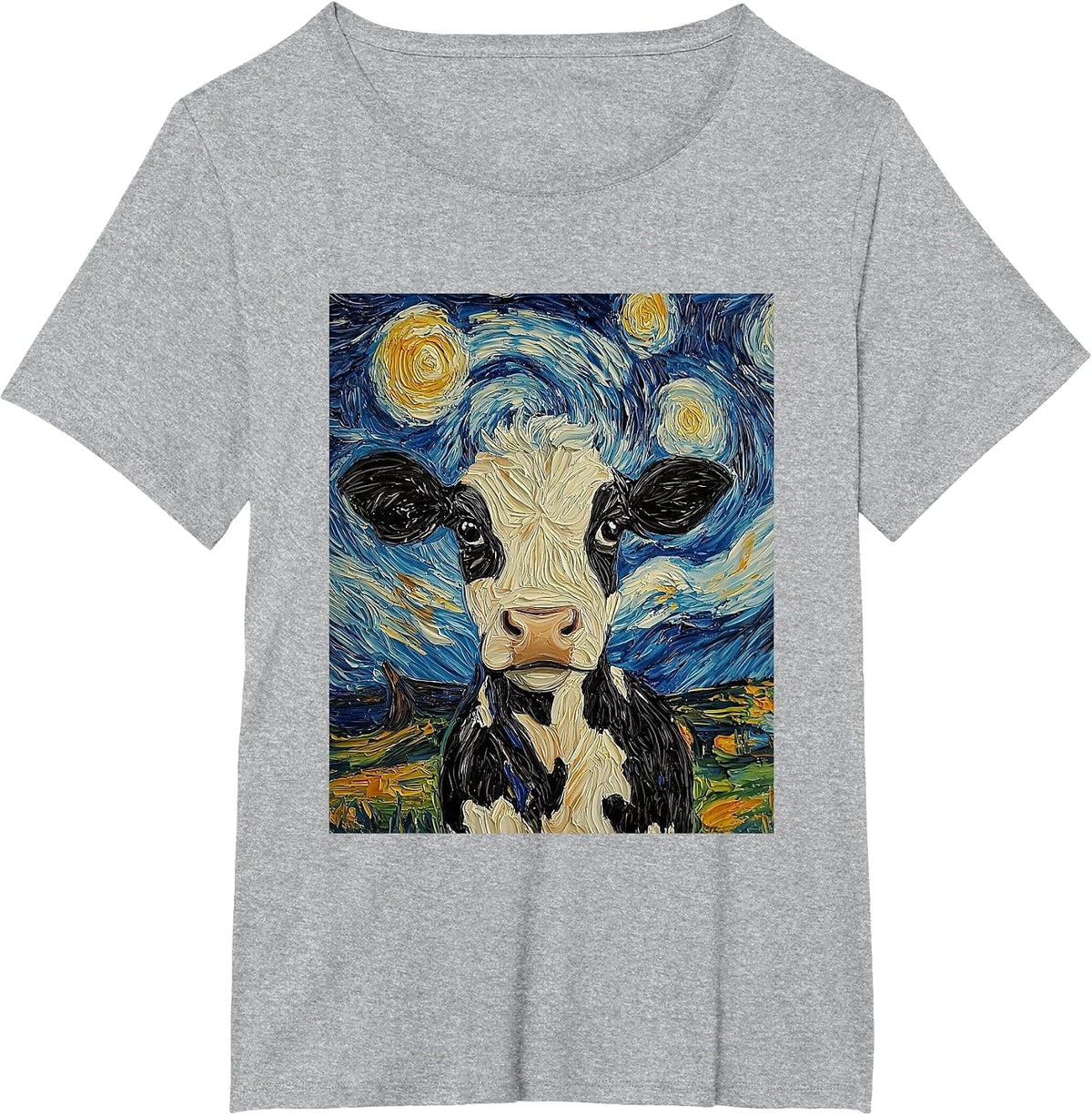 Cow Van Gogh Style Starry Night Funny Graphic T-Shirt - Heather Grey