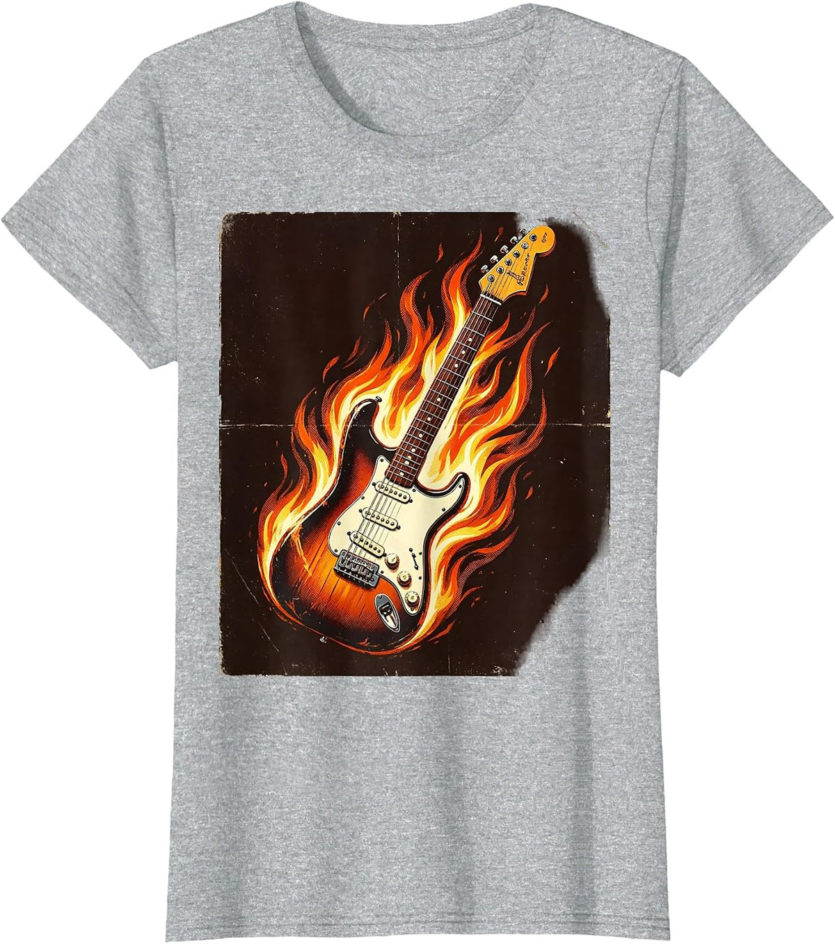 Flaming Electric Guitar 80s Rock Band Graphic T-Shirt - Heather Grey