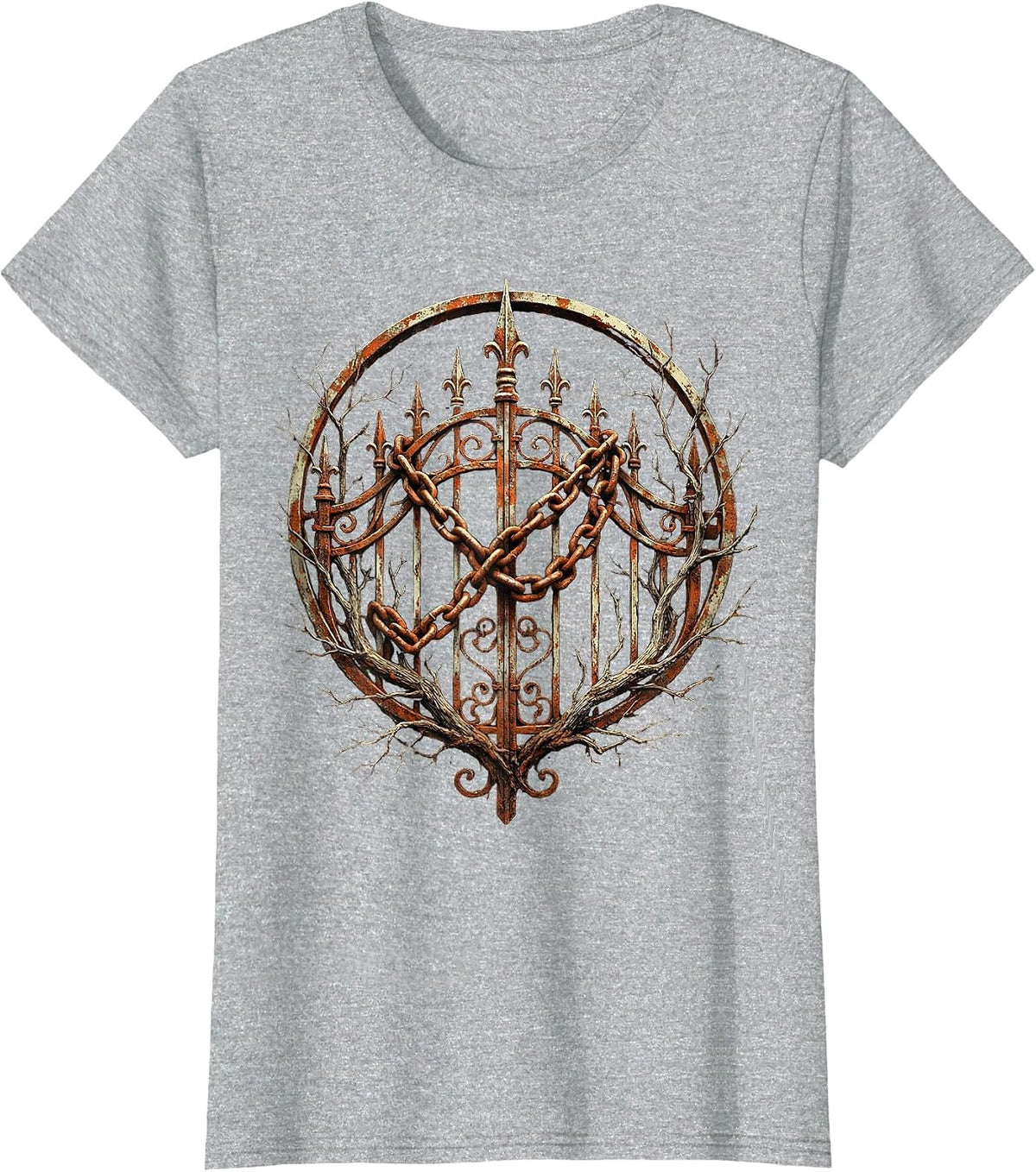 Rusted Chain Cemetery Gate Grunge Illustration T-Shirt - Heather Grey