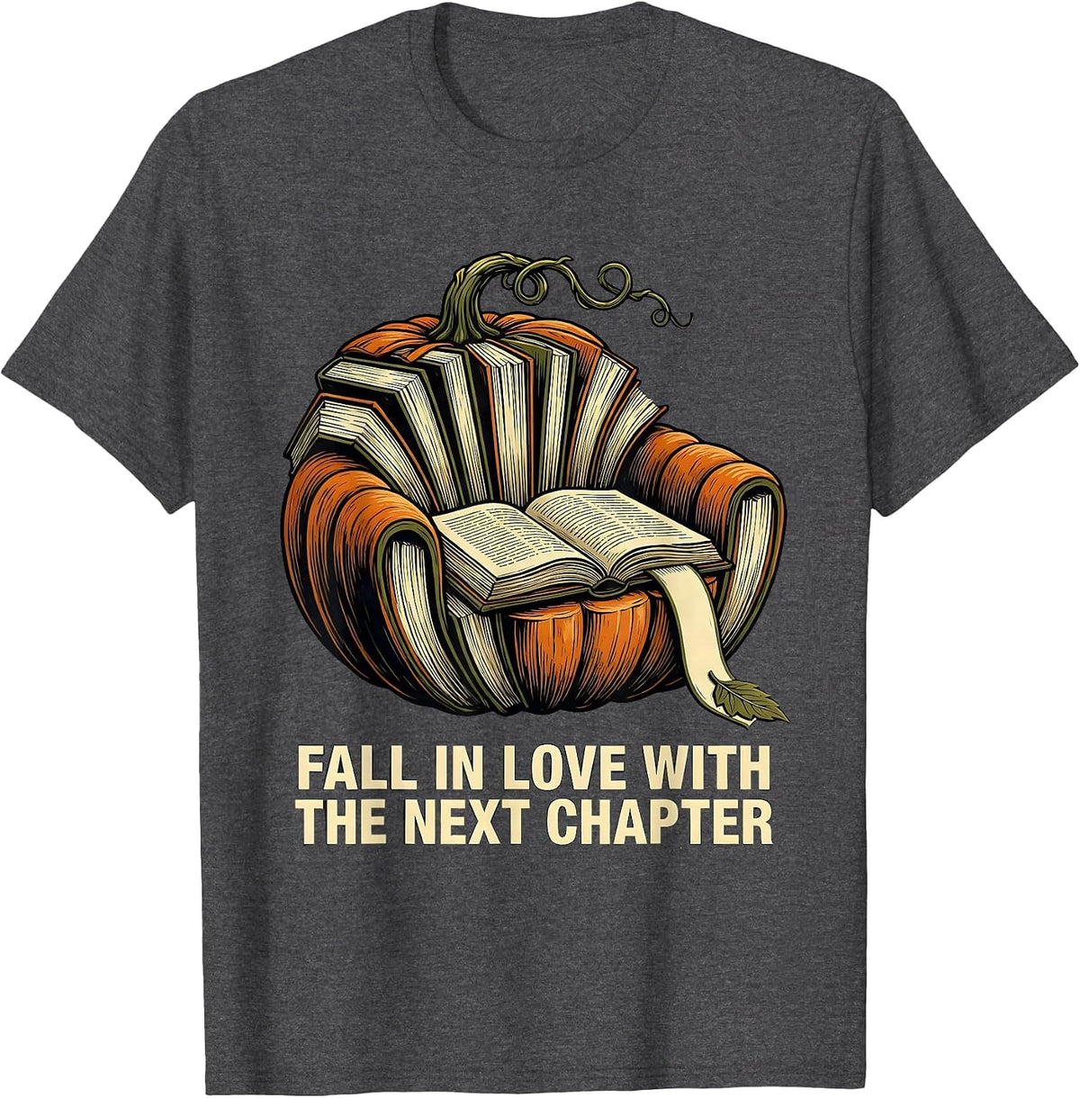 Fall In Love With The Next Chapter Cozy Pumpkin Reading T-Shirt - Dark Heather Grey