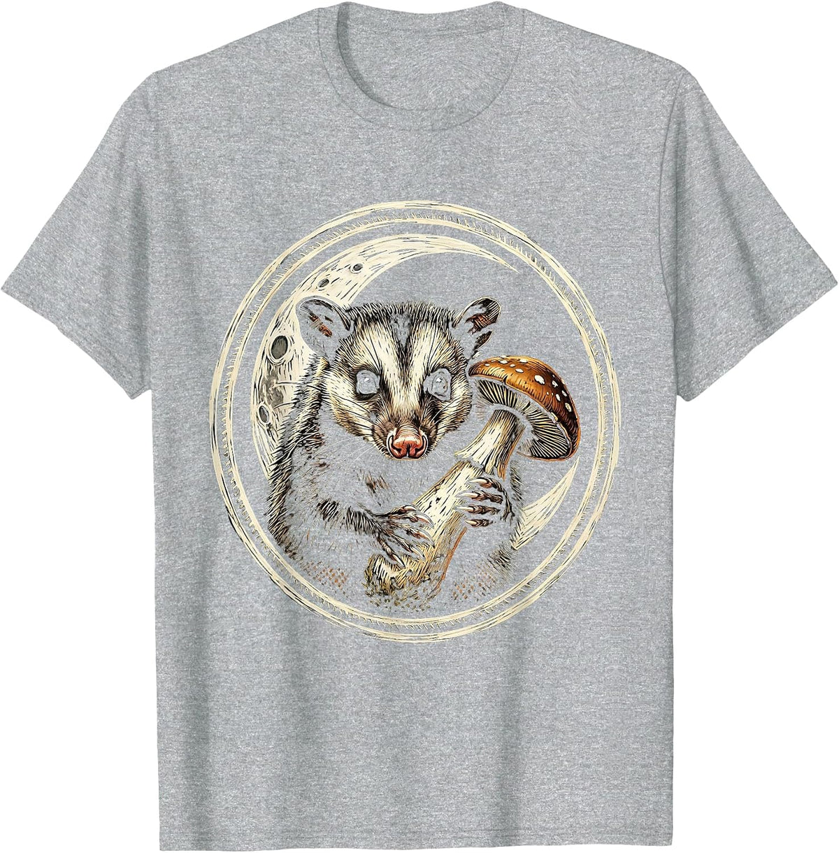Men's Opossum Mushroom Crescent Moon Nature Art T-Shirt - Heather Grey