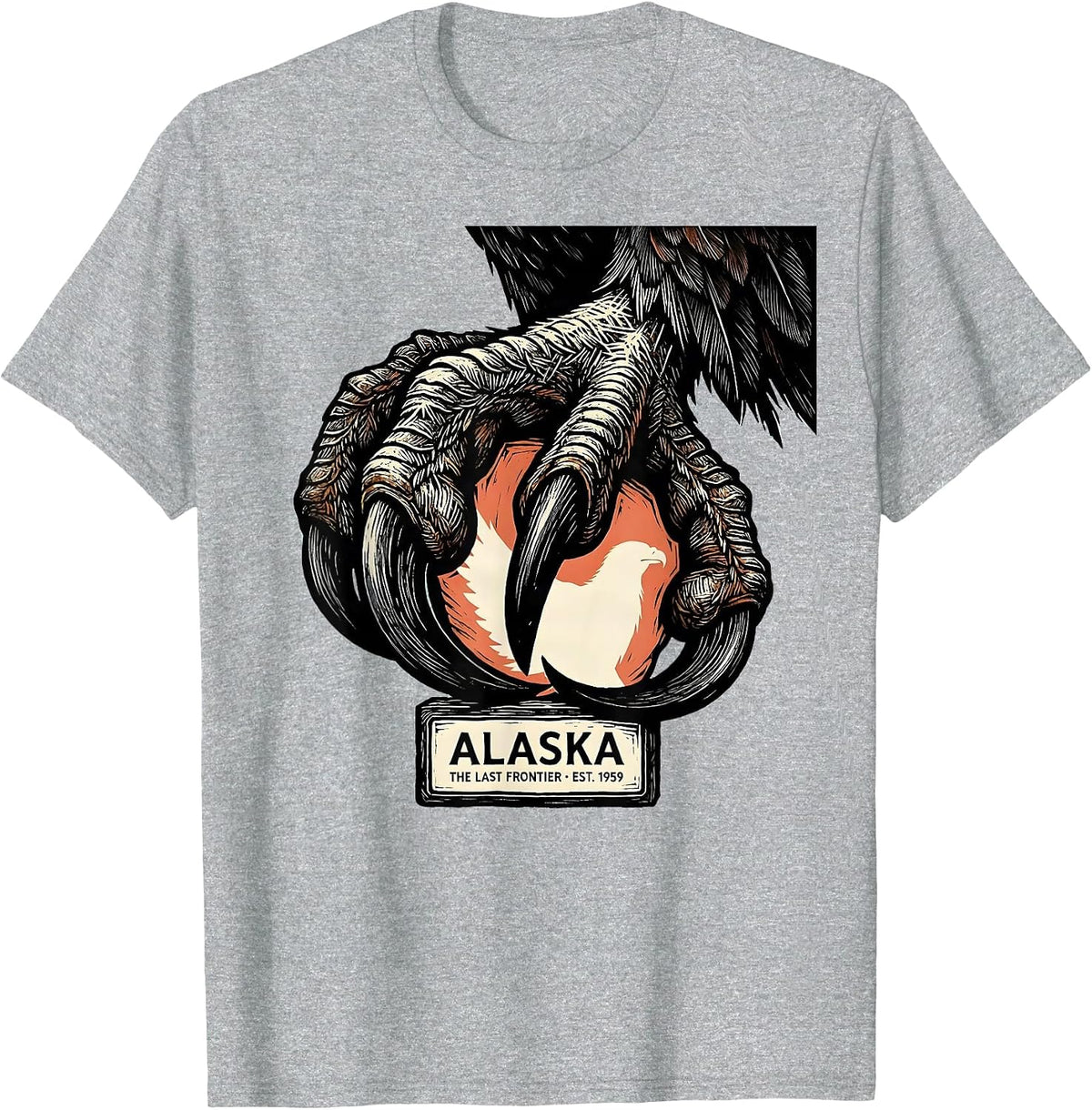 Men's Alaska The Last Frontier Est 1959 Linocut Eagle Salmon T-Shirt - Heather Grey