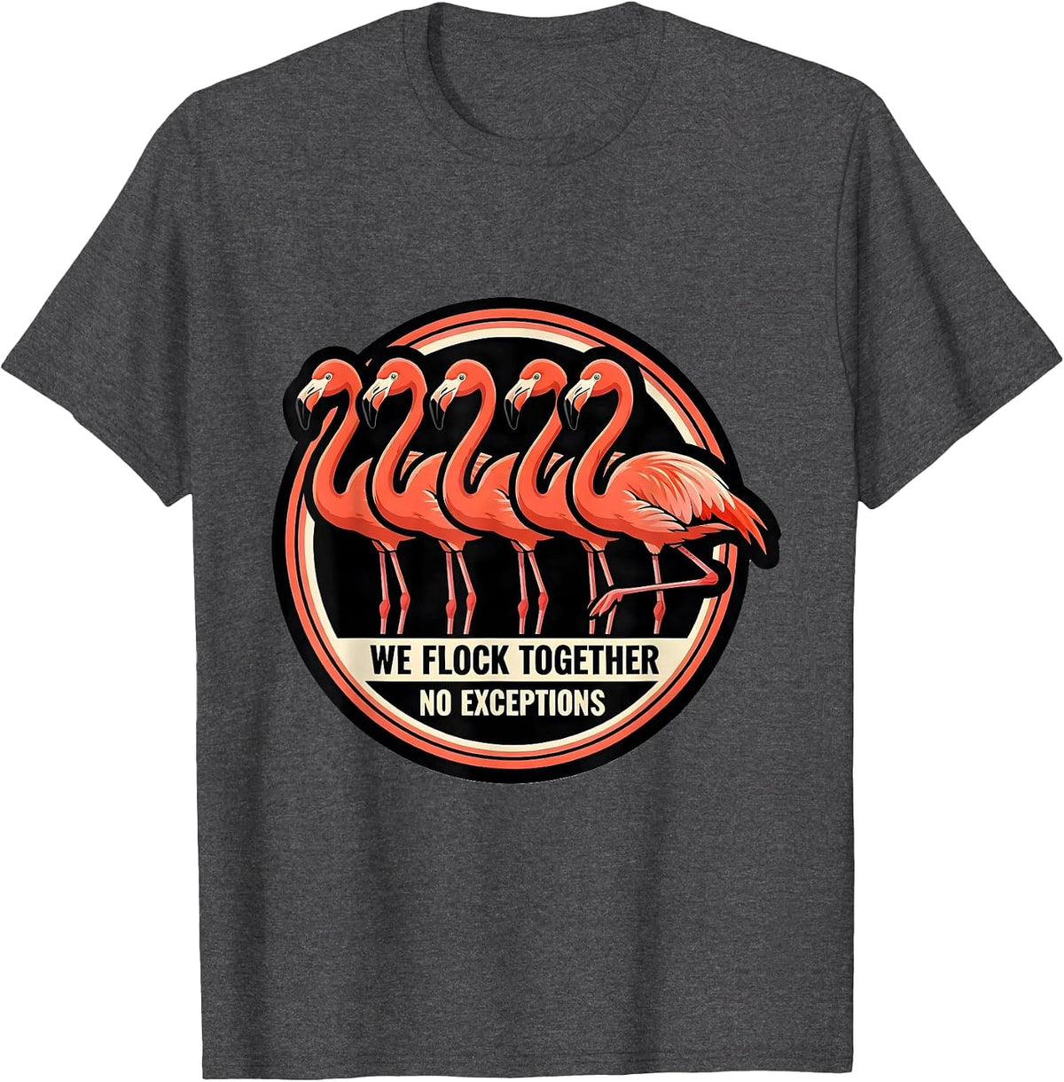 We Flock Together, No Exceptions Funny Flamingo Bird Lover T-Shirt - Dark Heather Grey