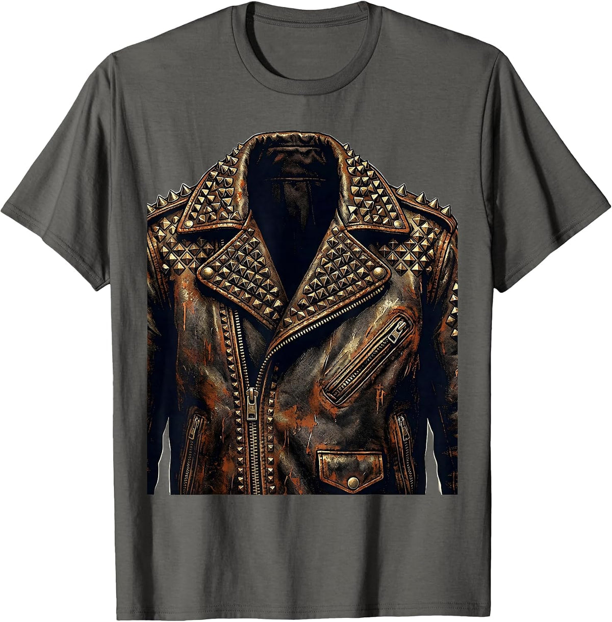 80s Studded Leather Jacket Graphic Tee T-Shirt - Asphalt Grey