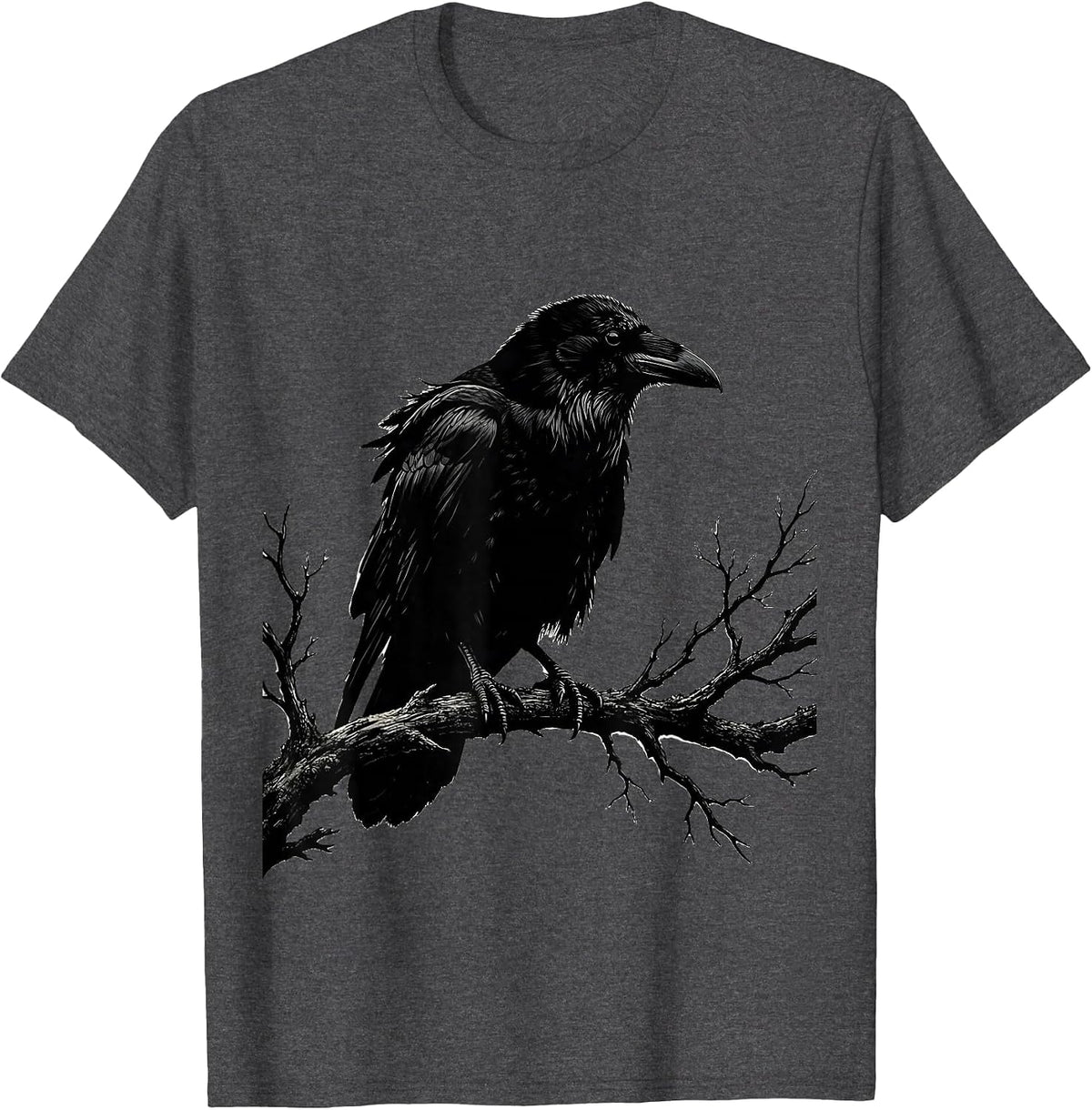 Hooded Crow on Winter Branch Nature Illustration T-Shirt - Dark Heather Grey