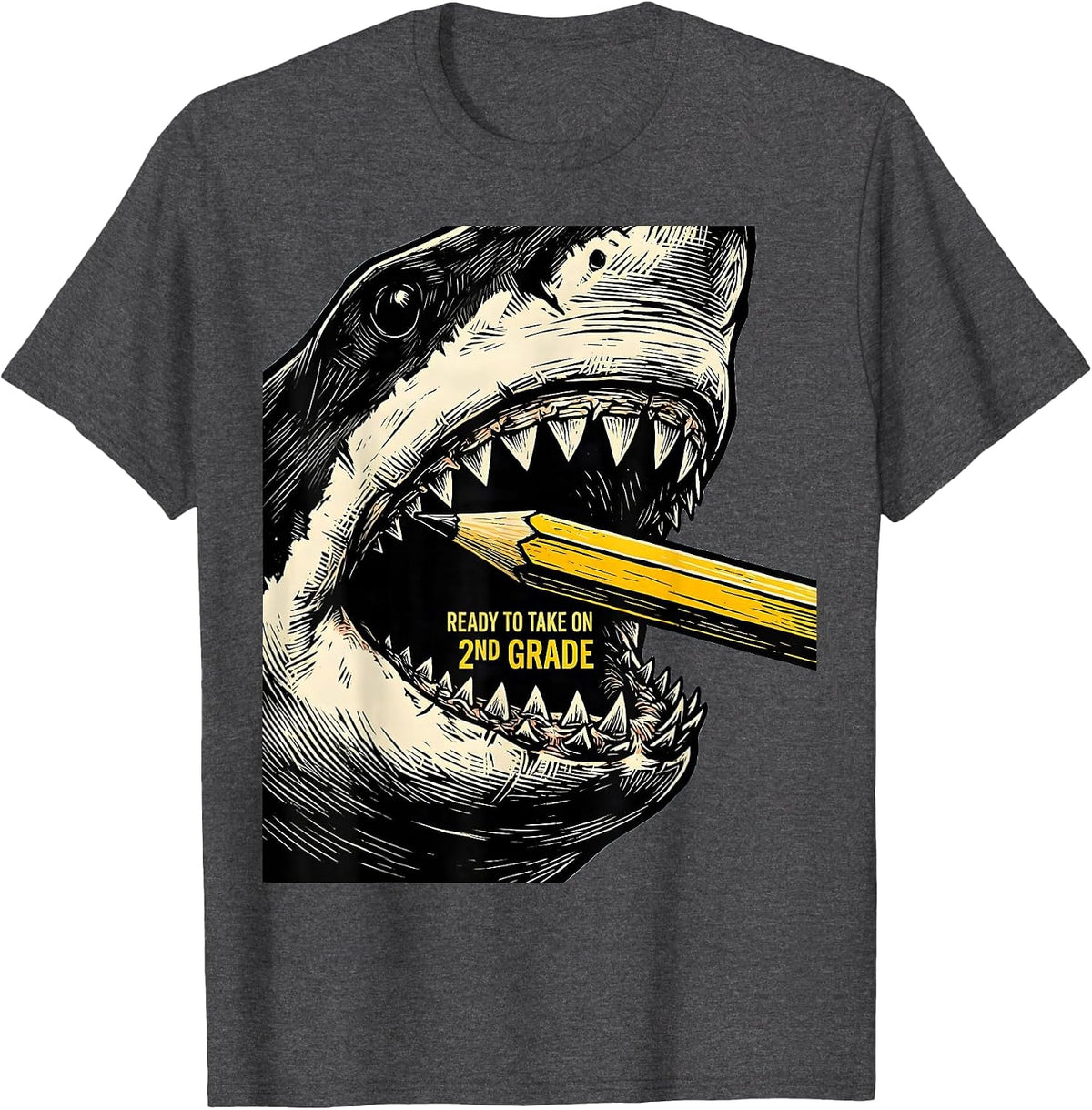 Men's Ready To Take On 2nd Grade Funny Shark First Day Of School T-Shirt - Dark Heather Grey