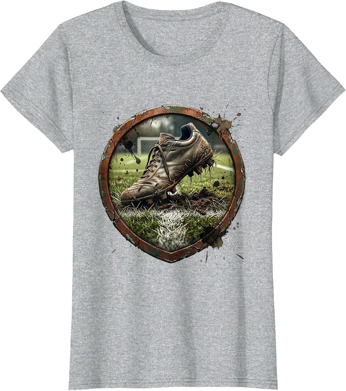 Muddy Rugby Boots on Pitch Grass Illustration T-Shirt - Heather Grey