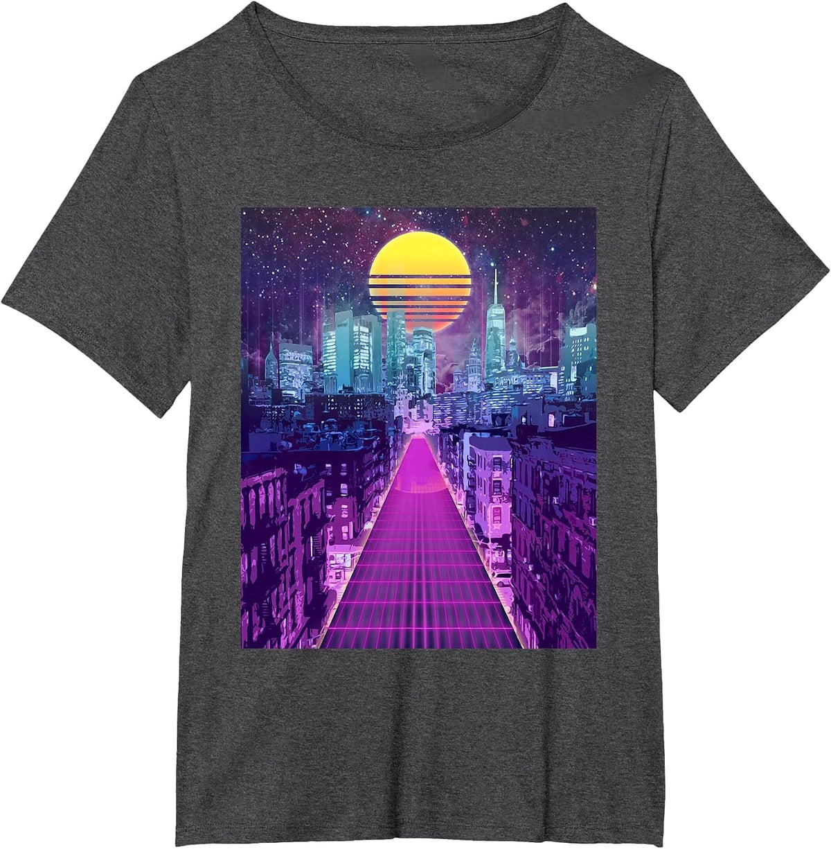Digital Cityscape Retro Vaporwave Aesthetic Skyline Art T-Shirt - Dark Heather Grey