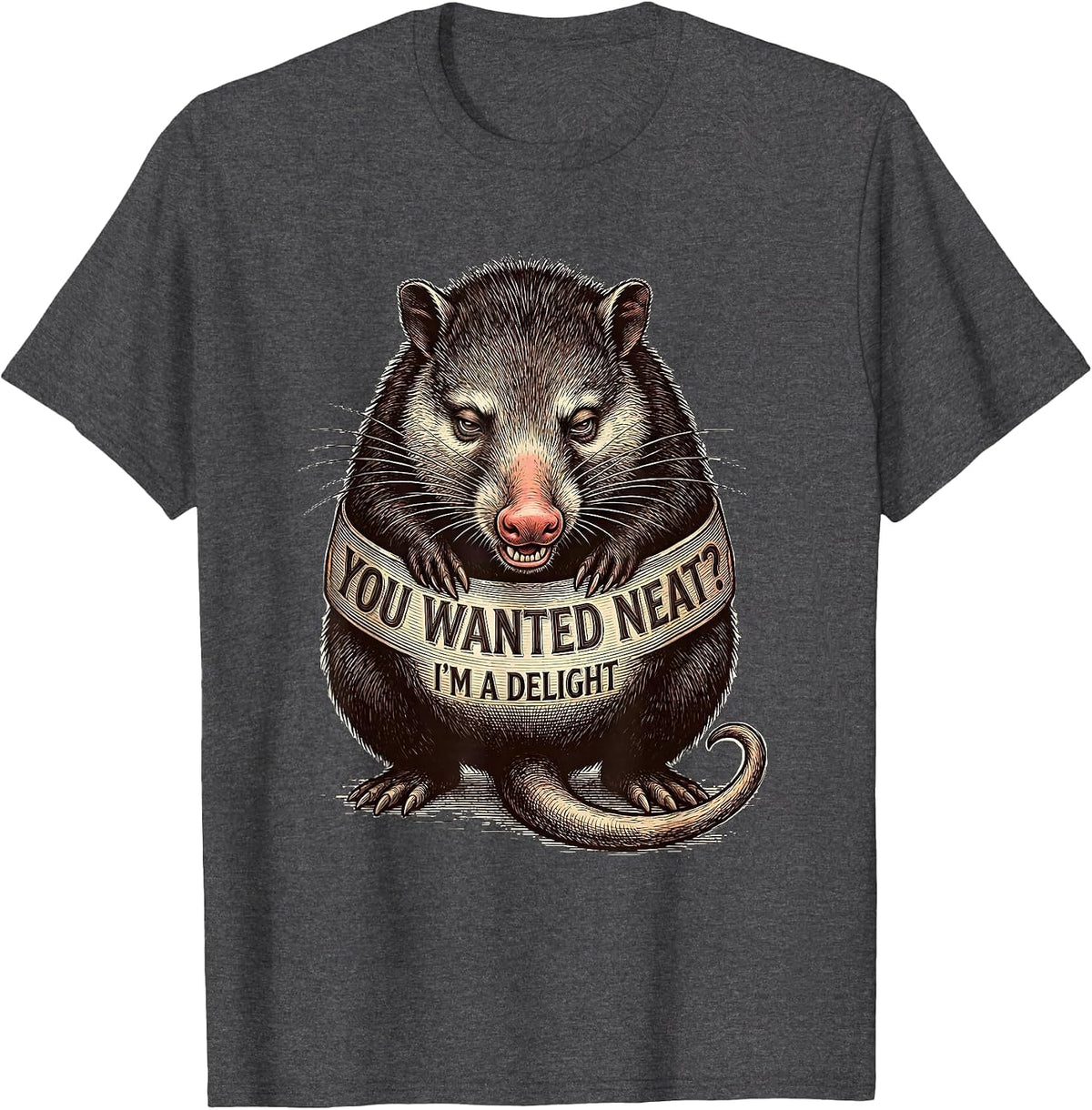 Men's You Wanted Neat? I'm A Delight Funny Opossum Animal Meme T-Shirt - Dark Heather Grey
