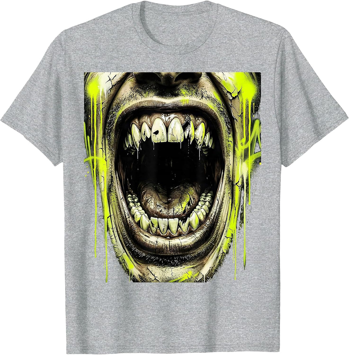 Men's Grunge Screaming Mouth Rotted Teeth Illustration T-Shirt - Heather Grey