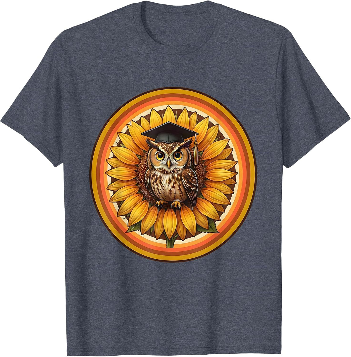 Owl Graduation Cap Sunflower Yellow Teacher Gift T-Shirt - Heather Blue