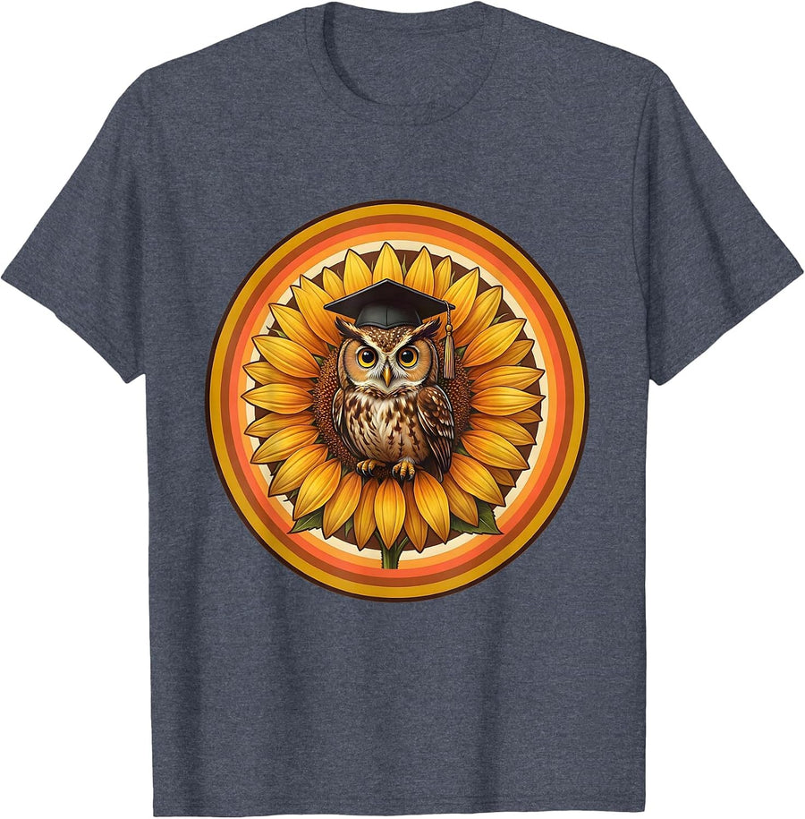 Owl Graduation Cap Sunflower Yellow Teacher Gift T-Shirt - Heather Blue