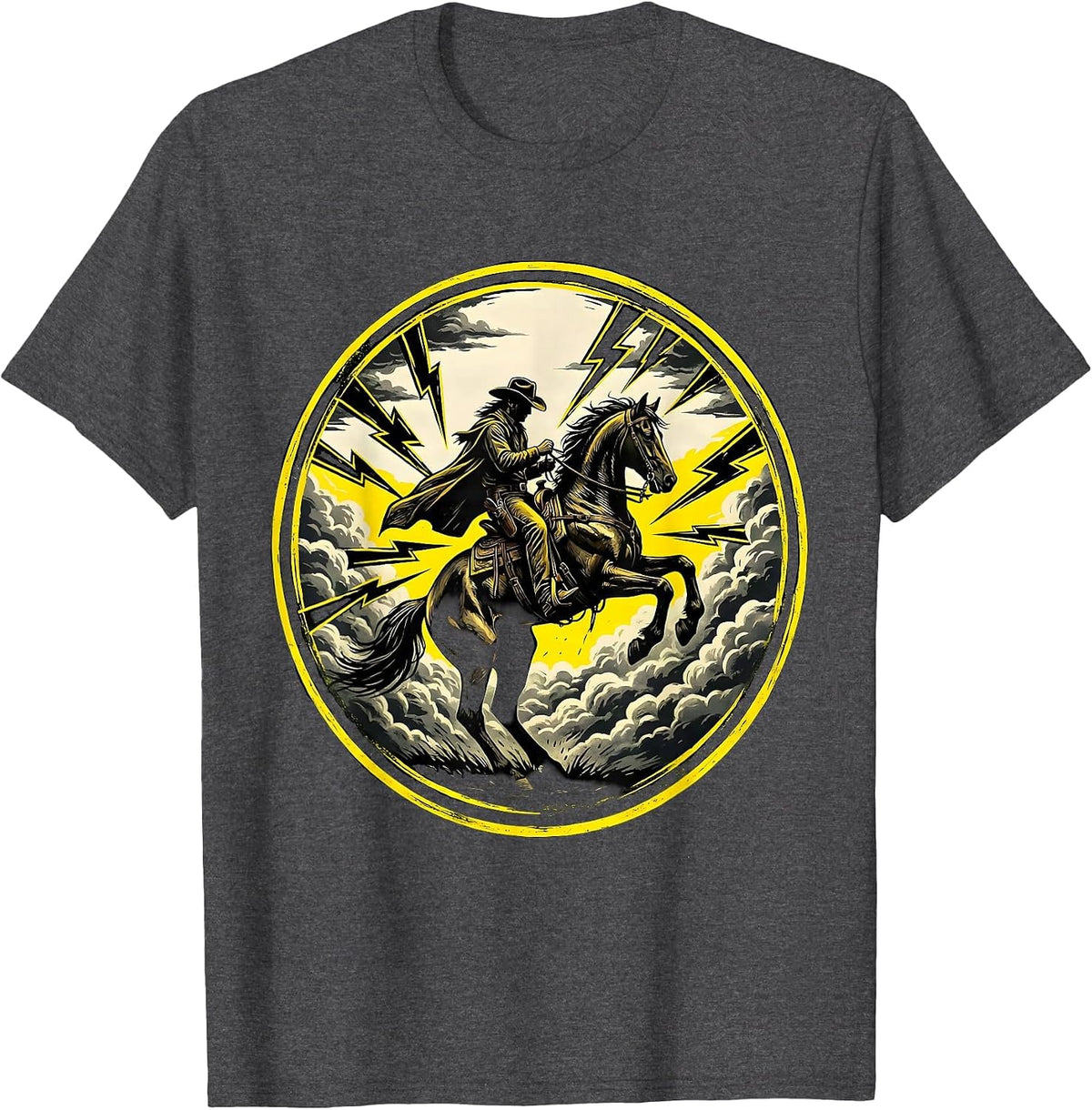 Cowboy Riding Horse Through Lightning Storm T-Shirt - Dark Heather Grey