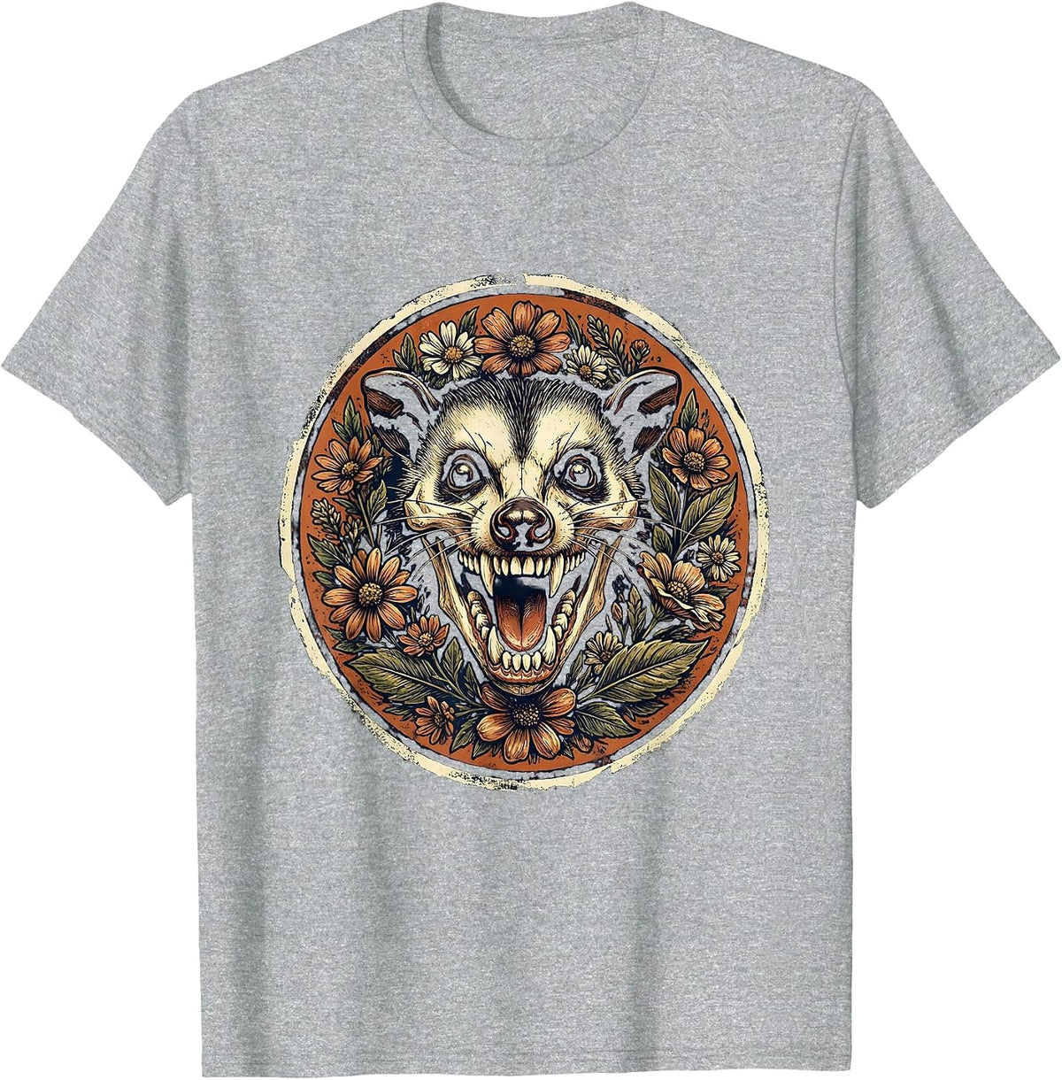 Men's Grinning Opossum Skull with Flowers Graphic T-Shirt - Heather Grey