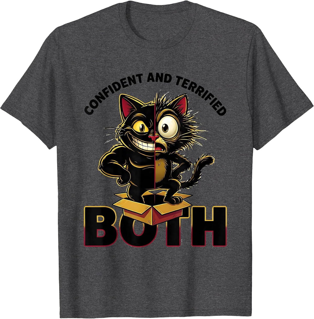 Men's Confident And Terrified, Both Cartoon Quantum Physics Humor T-Shirt - Dark Heather Grey