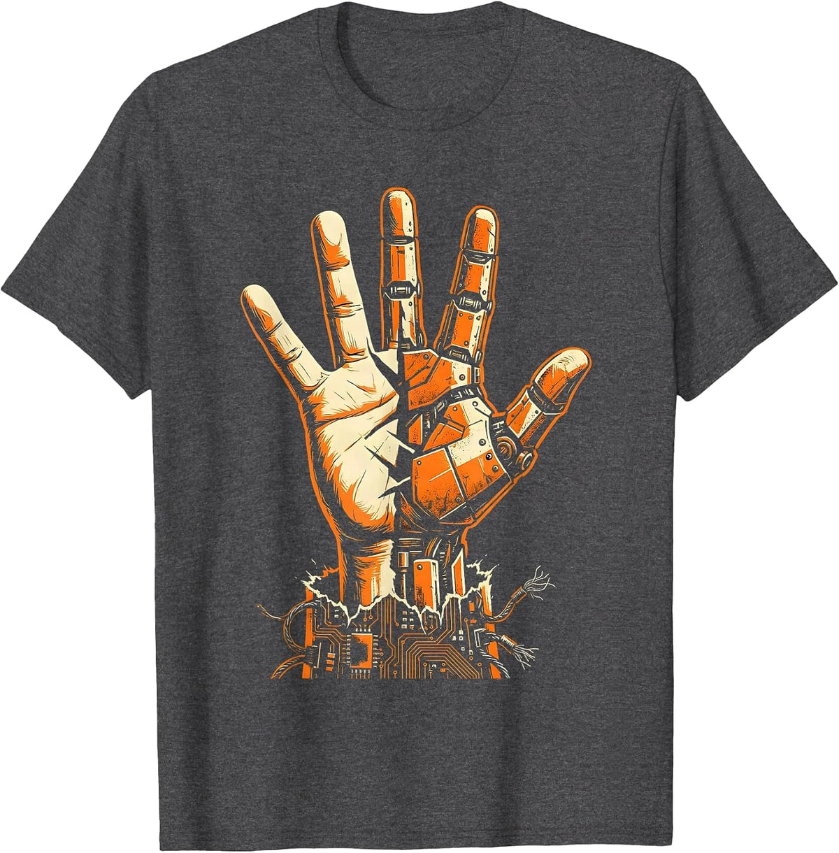Men's Cyberpunk Half-Machine Hand Reaching Upward T-Shirt - Dark Heather Grey