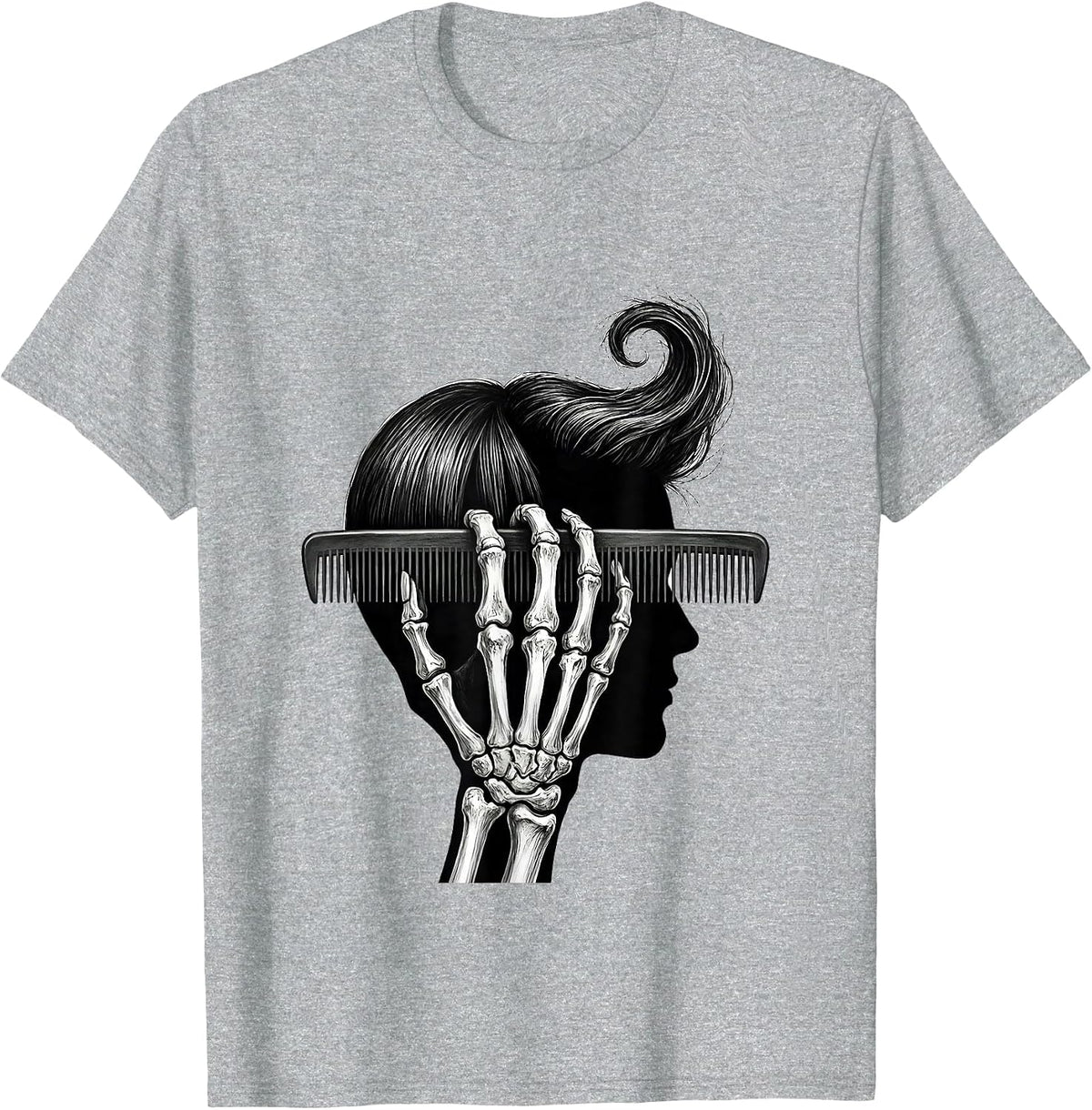 Men's Raised Comb Skeleton Hairstylist Halloween Humor T-Shirt - Heather Grey