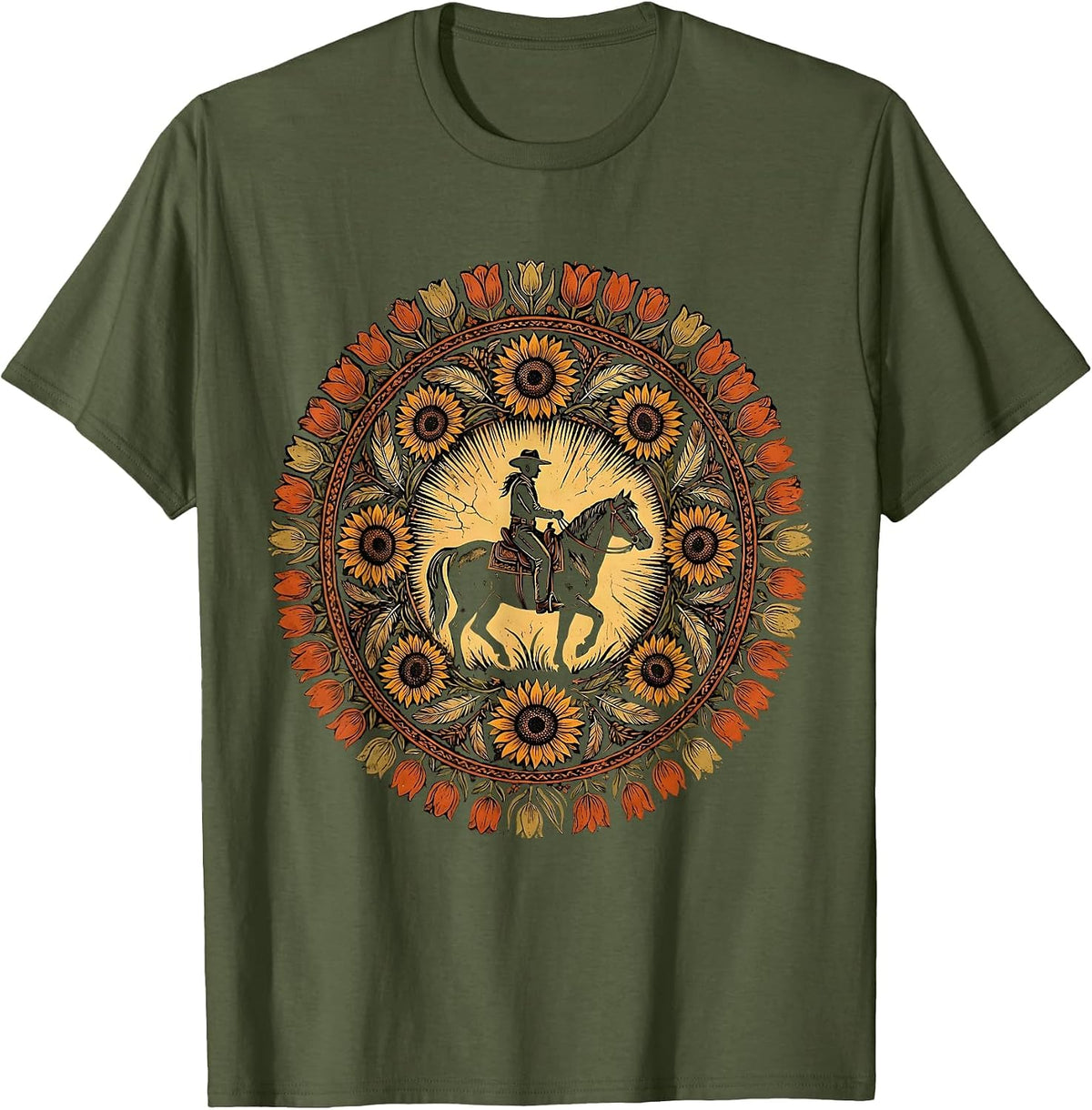 Men's Cowgirl Silhouette Riding Horse at Sunset T-Shirt - Olive Green