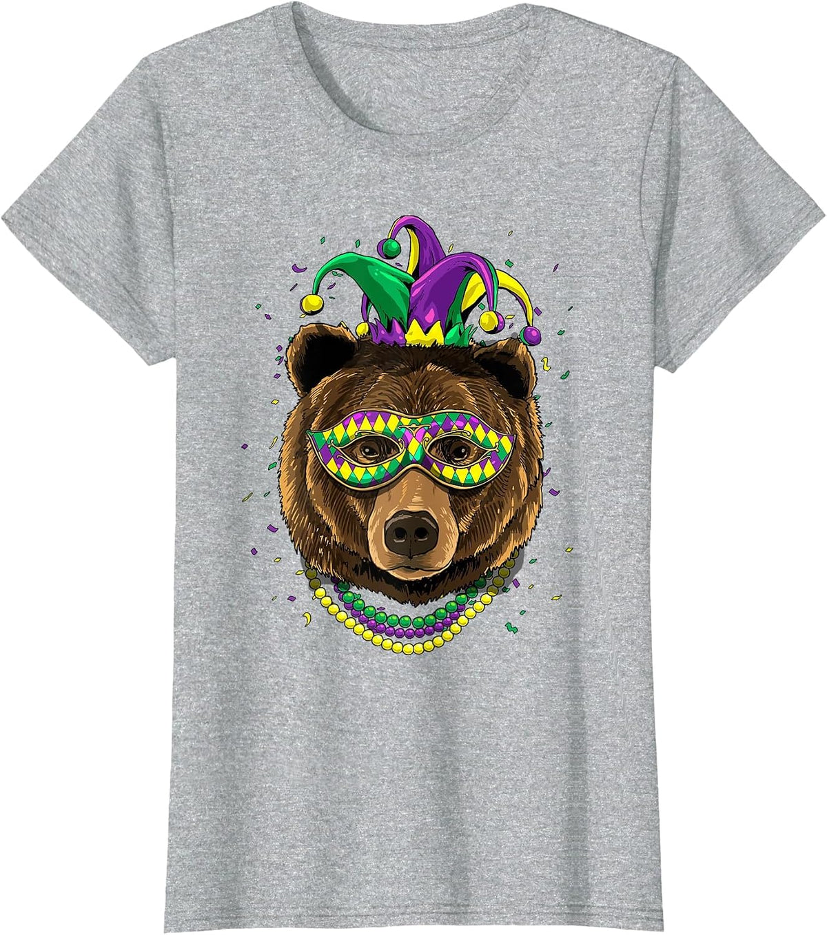 Bear Animal Lover Cute Mardi Gras Carnival Jester T-Shirt, Women, Heather Grey, Medium - As Pictured