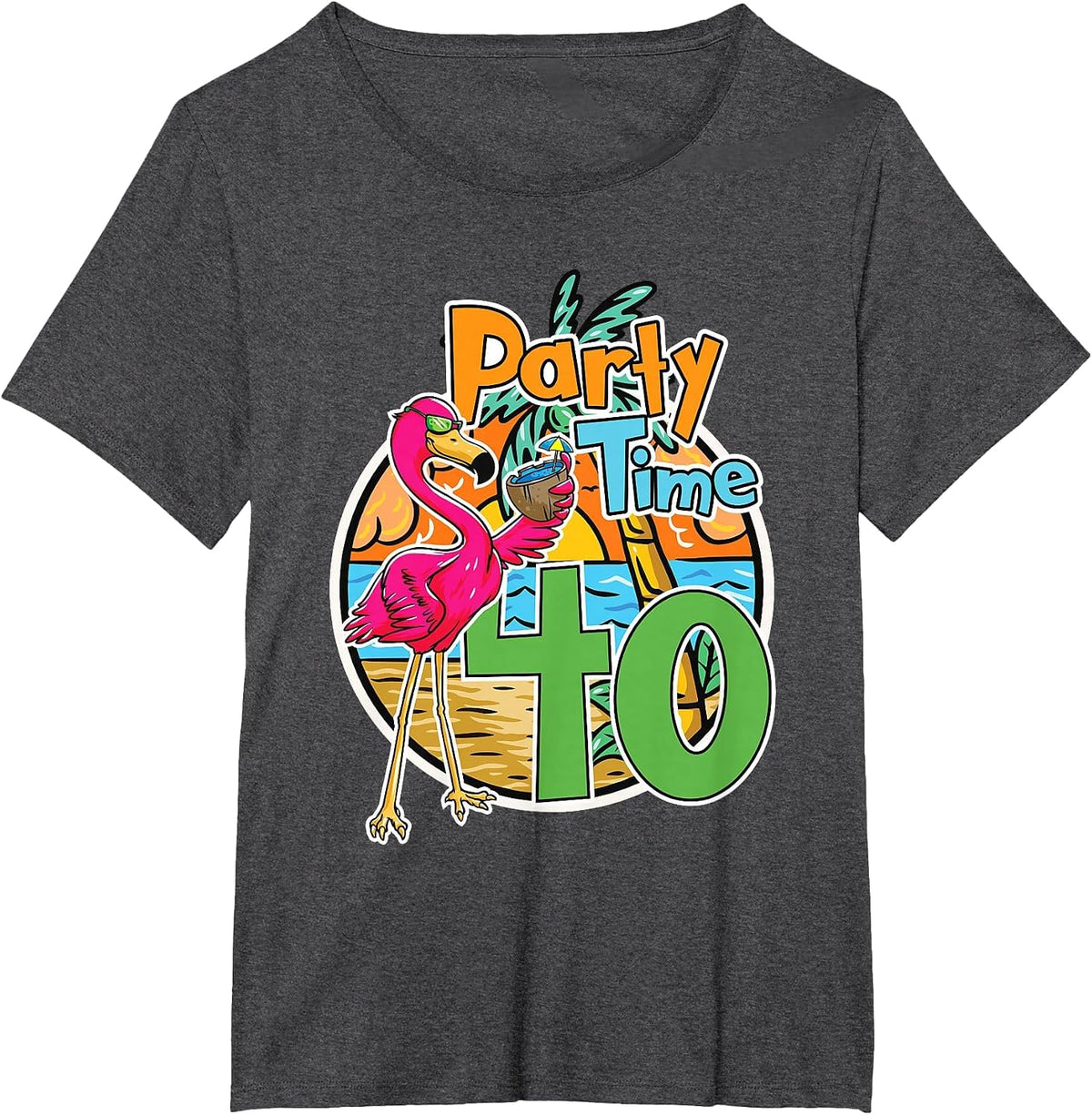 40th Birthday Party Time 40 Years Flamingo Tropical Beach T-Shirt - Dark Heather Grey