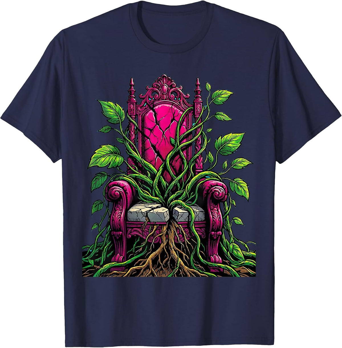 Empty Throne Overgrown Vines No Kings Design T-Shirt - Navy Blue