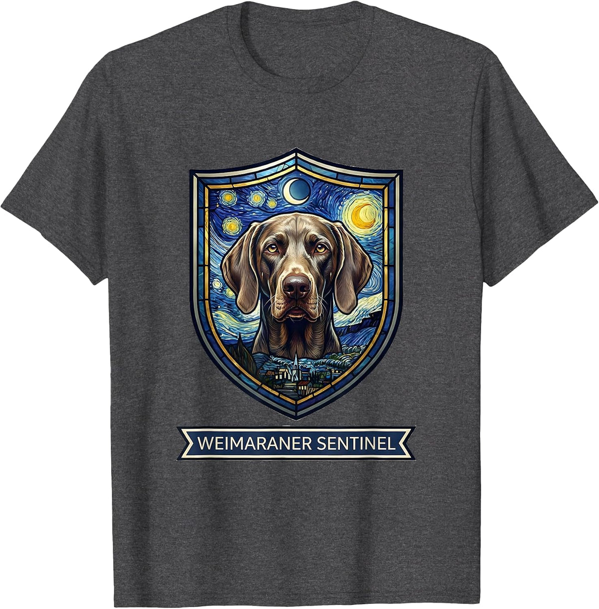 Men's Weimaraner Sentinel Van Gogh Style Starry Night Dog Breed T-Shirt - Dark Heather Grey