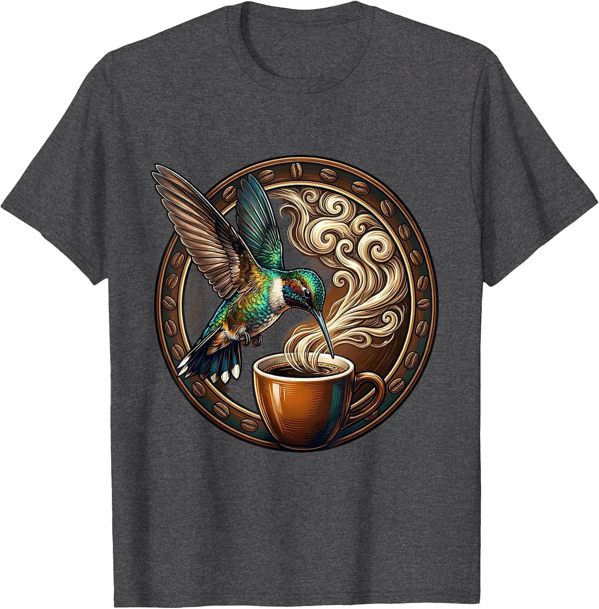 Hummingbird Espresso Coffee Lover Graphic Tee T-Shirt - Dark Heather Grey